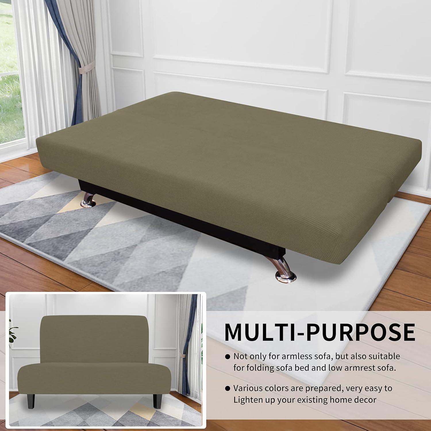image:imageEasyGoing Stretch Futon Slipcover Armless Futon Bed Cover Furniture Protector Without Armrests with Elastic Bottom for Kids Soft Jacquard Fabric Small Checks Large Dark GrayKhaki