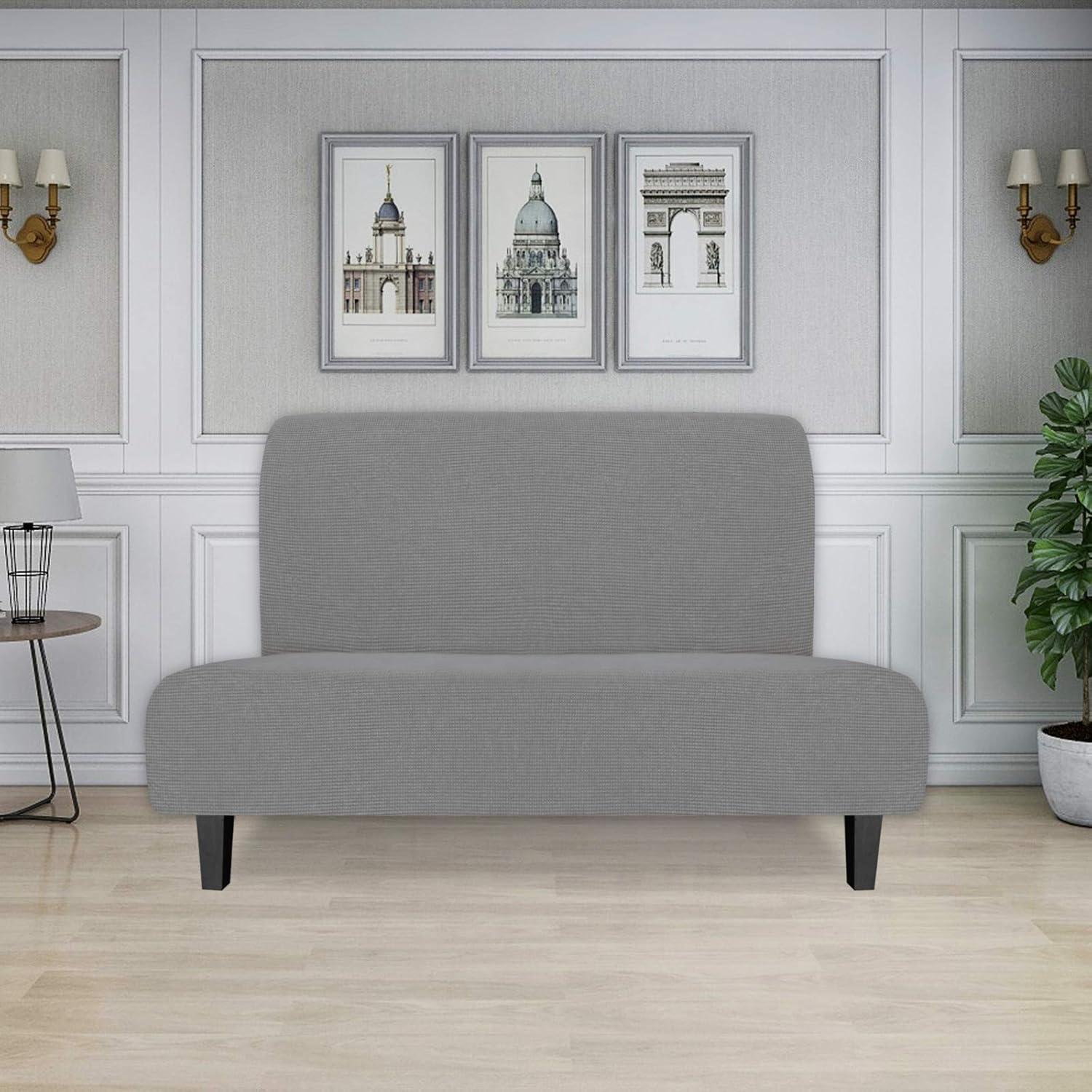 image:imageEasyGoing Stretch Futon Slipcover Armless Futon Bed Cover Furniture Protector Without Armrests with Elastic Bottom for Kids Soft Jacquard Fabric Small Checks Large Dark GrayLight Gray