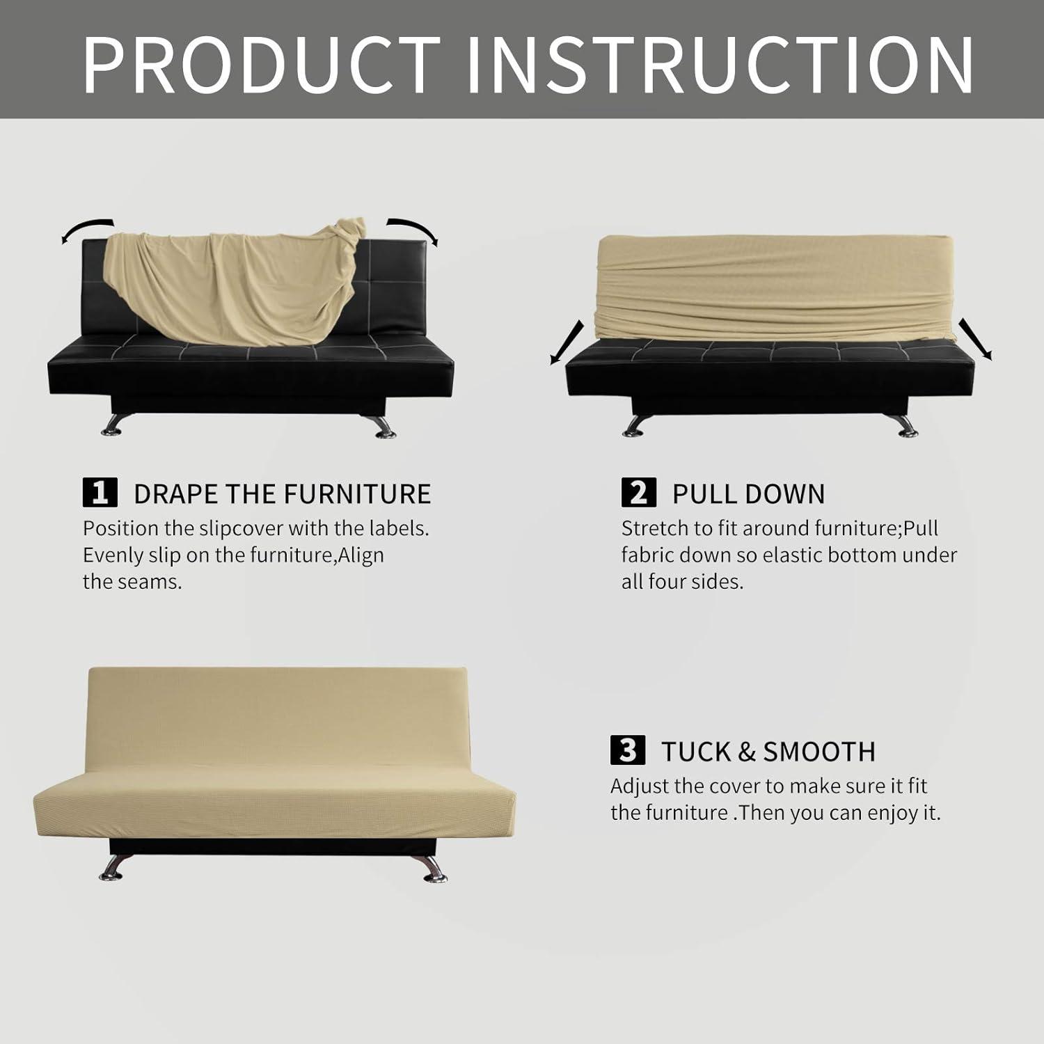 image:imageEasyGoing Stretch Futon Slipcover Armless Futon Bed Cover Furniture Protector Without Armrests with Elastic Bottom for Kids Soft Jacquard Fabric Small Checks Large Dark GrayBeige