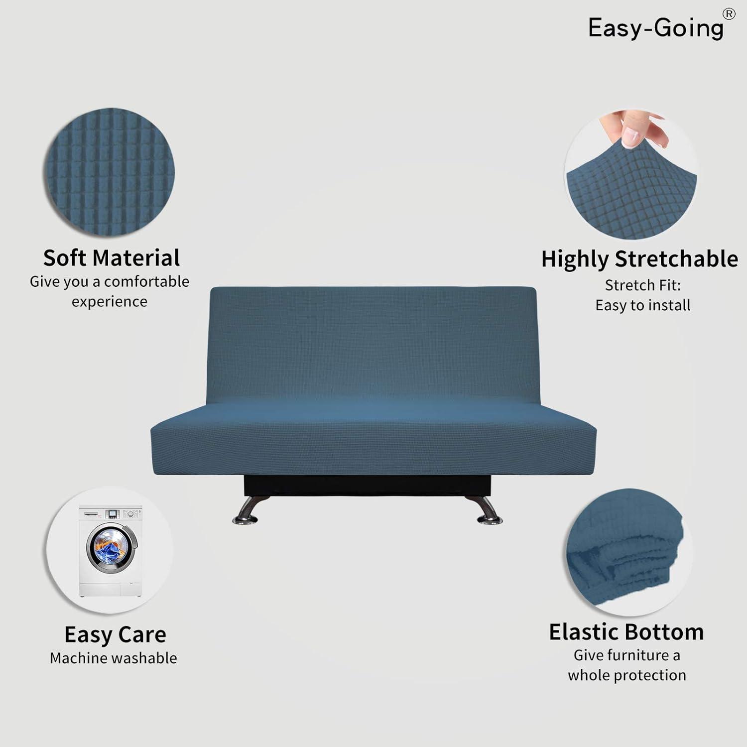image:imageEasyGoing Stretch Futon Slipcover Armless Futon Bed Cover Furniture Protector Without Armrests with Elastic Bottom for Kids Soft Jacquard Fabric Small Checks Large Dark GrayBluestone