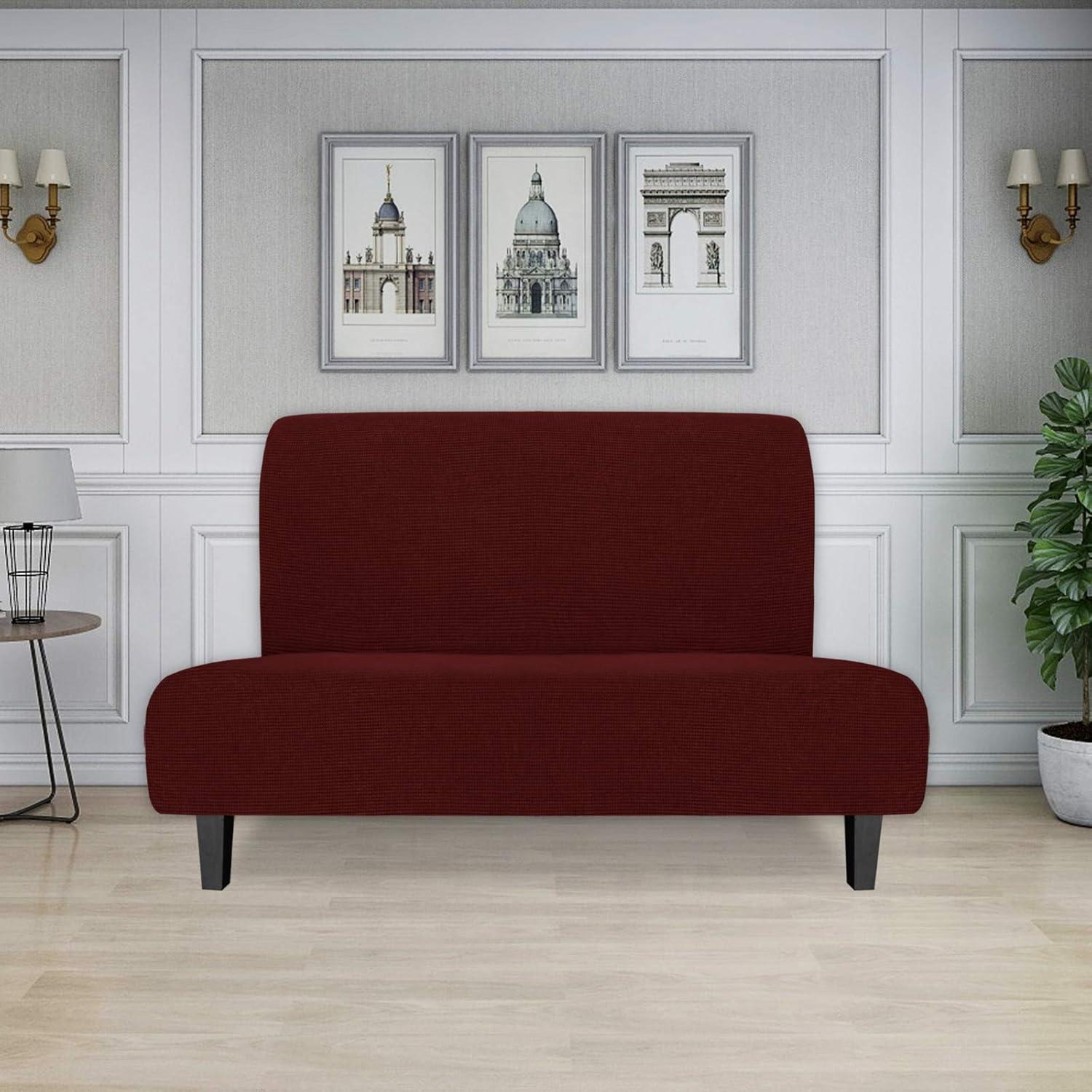image:imageEasyGoing Stretch Futon Slipcover Armless Futon Bed Cover Furniture Protector Without Armrests with Elastic Bottom for Kids Soft Jacquard Fabric Small Checks Large Dark GrayWine