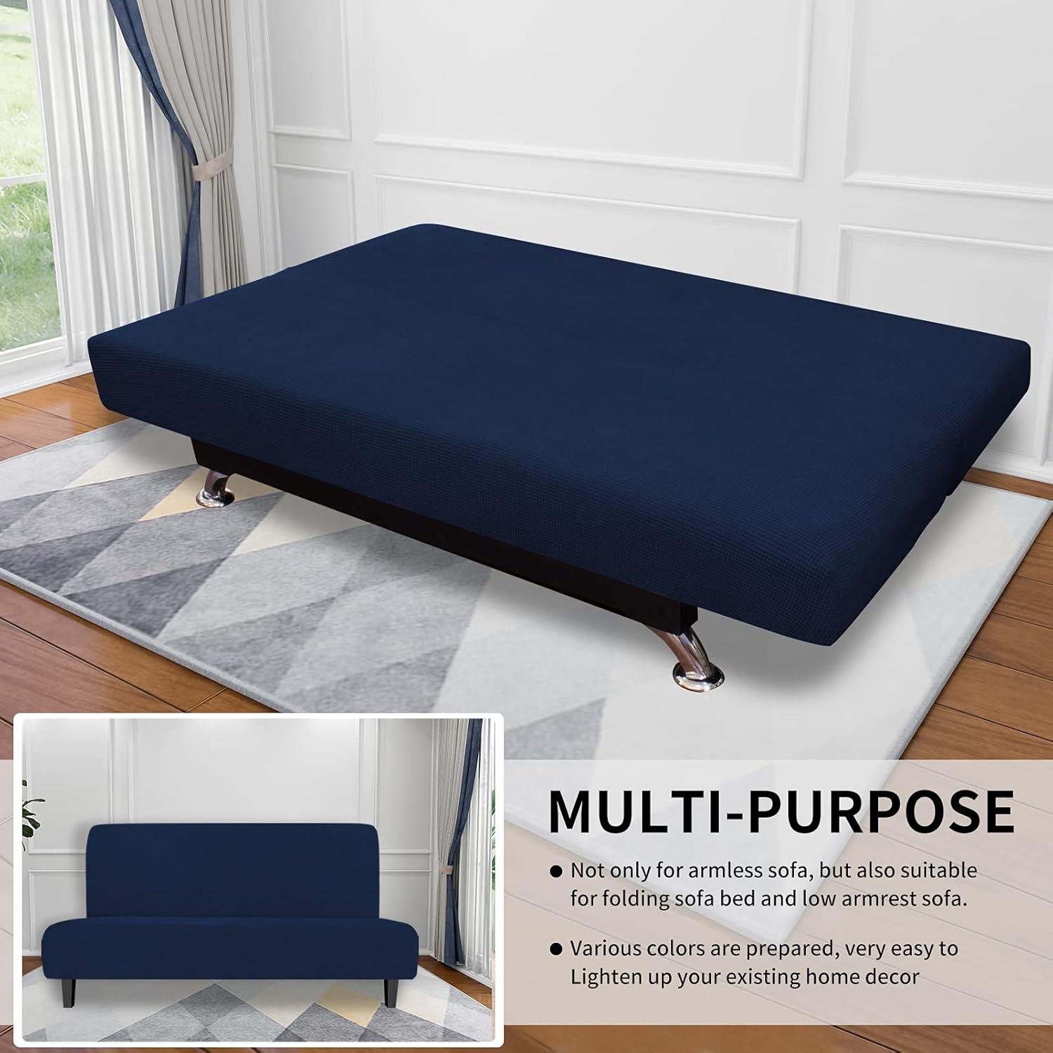 image:imageEasyGoing Stretch Futon Slipcover Armless Futon Bed Cover Furniture Protector Without Armrests with Elastic Bottom for Kids Soft Jacquard Fabric Small Checks Large Dark GrayNavy