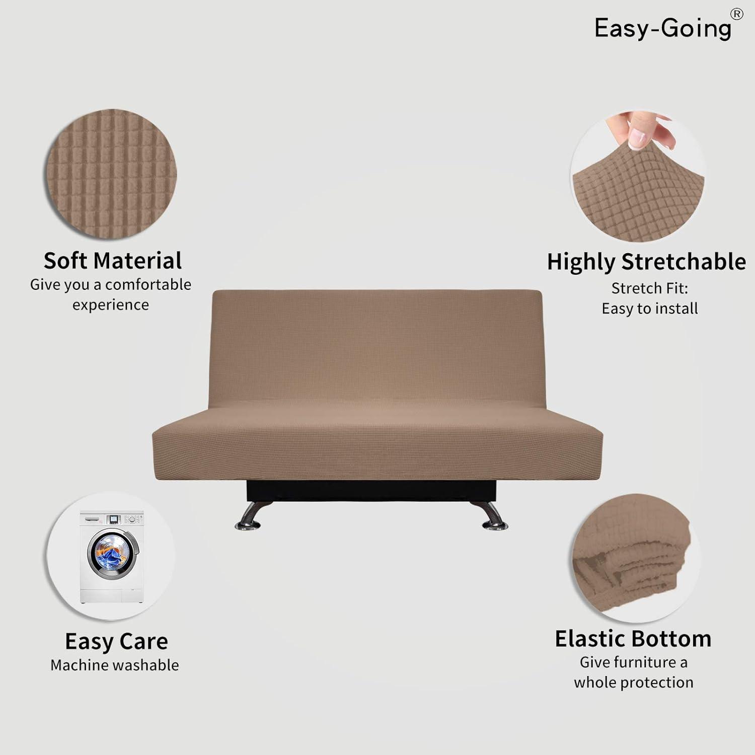 image:imageEasyGoing Stretch Futon Slipcover Armless Futon Bed Cover Furniture Protector Without Armrests with Elastic Bottom for Kids Soft Jacquard Fabric Small Checks Large Dark GrayCamel