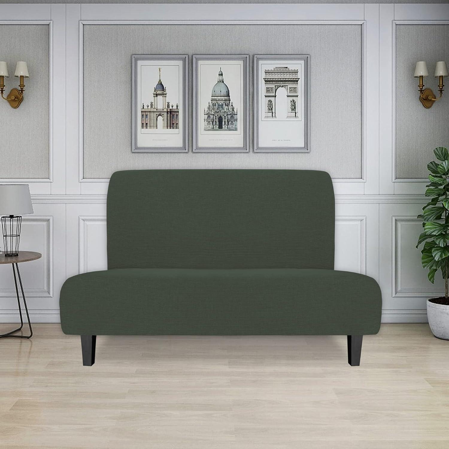 image:imageEasyGoing Stretch Futon Slipcover Armless Futon Bed Cover Furniture Protector Without Armrests with Elastic Bottom for Kids Soft Jacquard Fabric Small Checks Large Dark GrayOlive Green