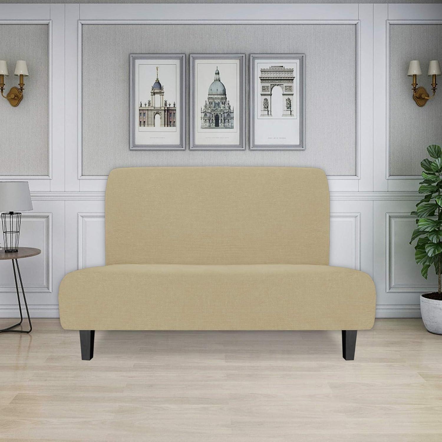 image:imageEasyGoing Stretch Futon Slipcover Armless Futon Bed Cover Furniture Protector Without Armrests with Elastic Bottom for Kids Soft Jacquard Fabric Small Checks Large Dark GrayBeige