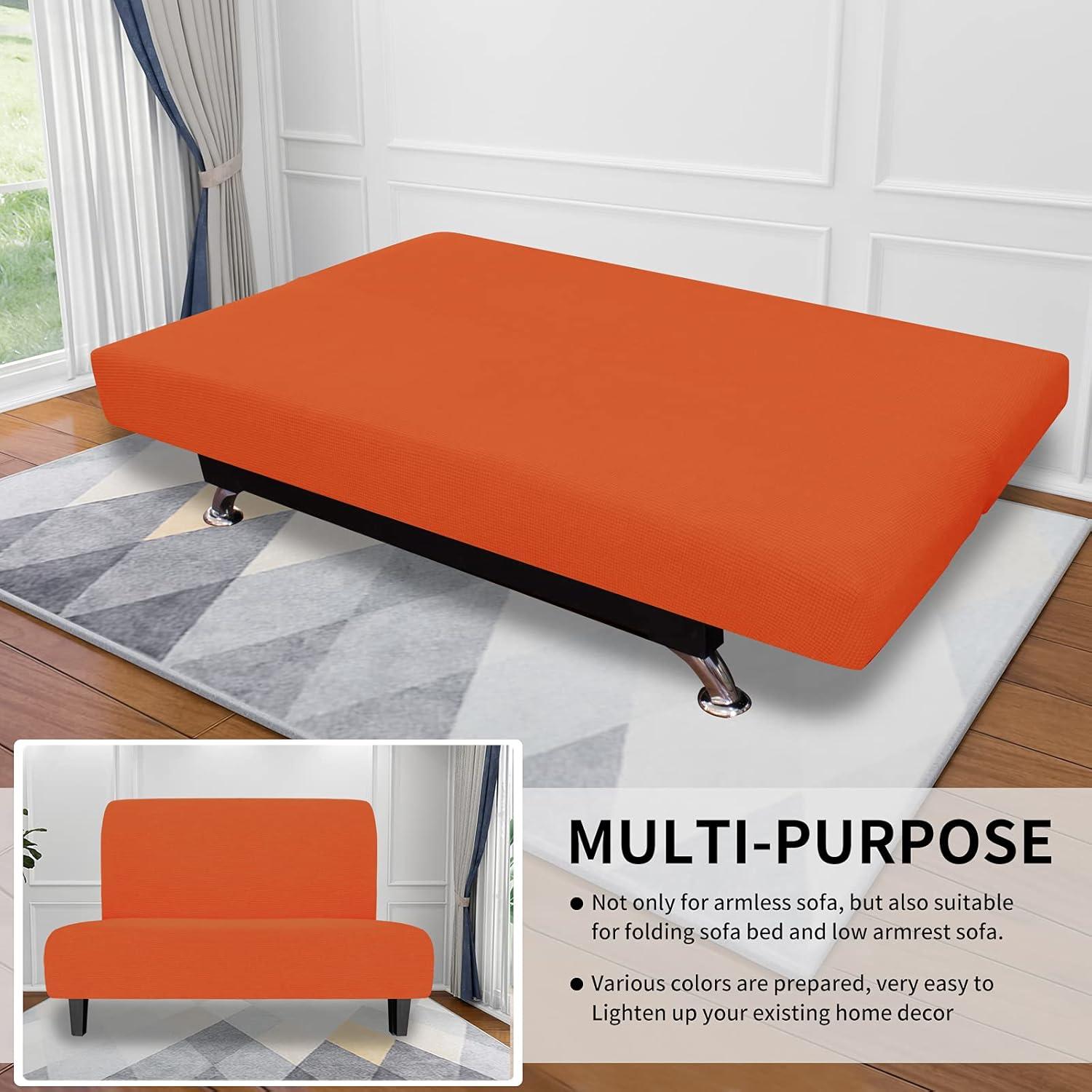 image:imageEasyGoing Stretch Futon Slipcover Armless Futon Bed Cover Furniture Protector Without Armrests with Elastic Bottom for Kids Soft Jacquard Fabric Small Checks Large Dark GrayOrange