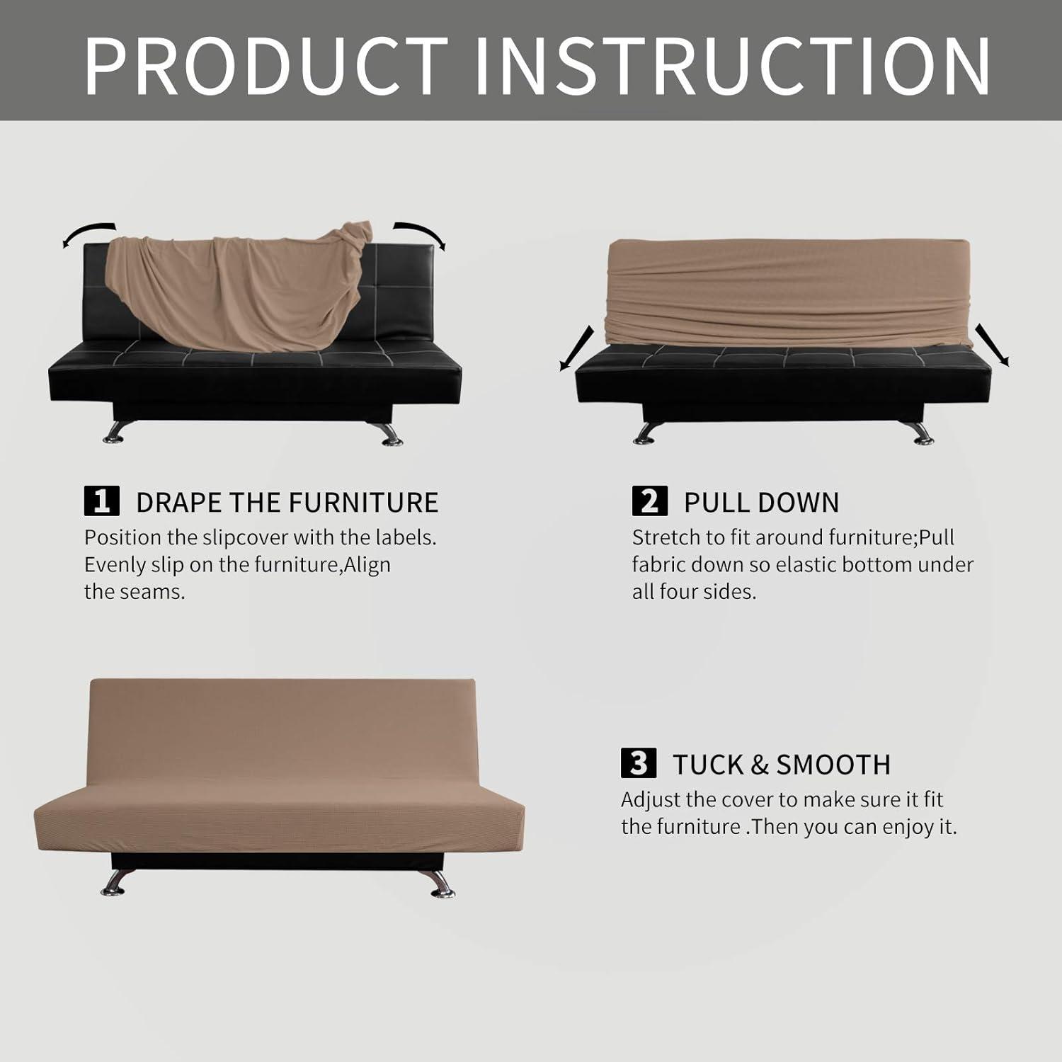 image:imageEasyGoing Stretch Futon Slipcover Armless Futon Bed Cover Furniture Protector Without Armrests with Elastic Bottom for Kids Soft Jacquard Fabric Small Checks Large Dark GrayCamel