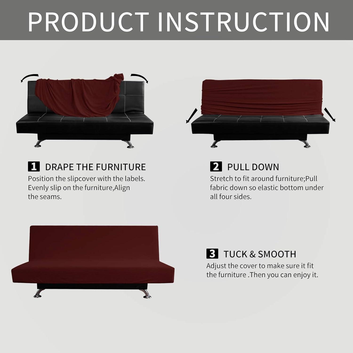 image:imageEasyGoing Stretch Futon Slipcover Armless Futon Bed Cover Furniture Protector Without Armrests with Elastic Bottom for Kids Soft Jacquard Fabric Small Checks Large Dark GrayWine