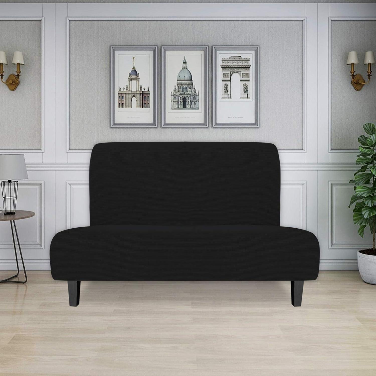 image:imageEasyGoing Stretch Futon Slipcover Armless Futon Bed Cover Furniture Protector Without Armrests with Elastic Bottom for Kids Soft Jacquard Fabric Small Checks Large Dark GrayBlack