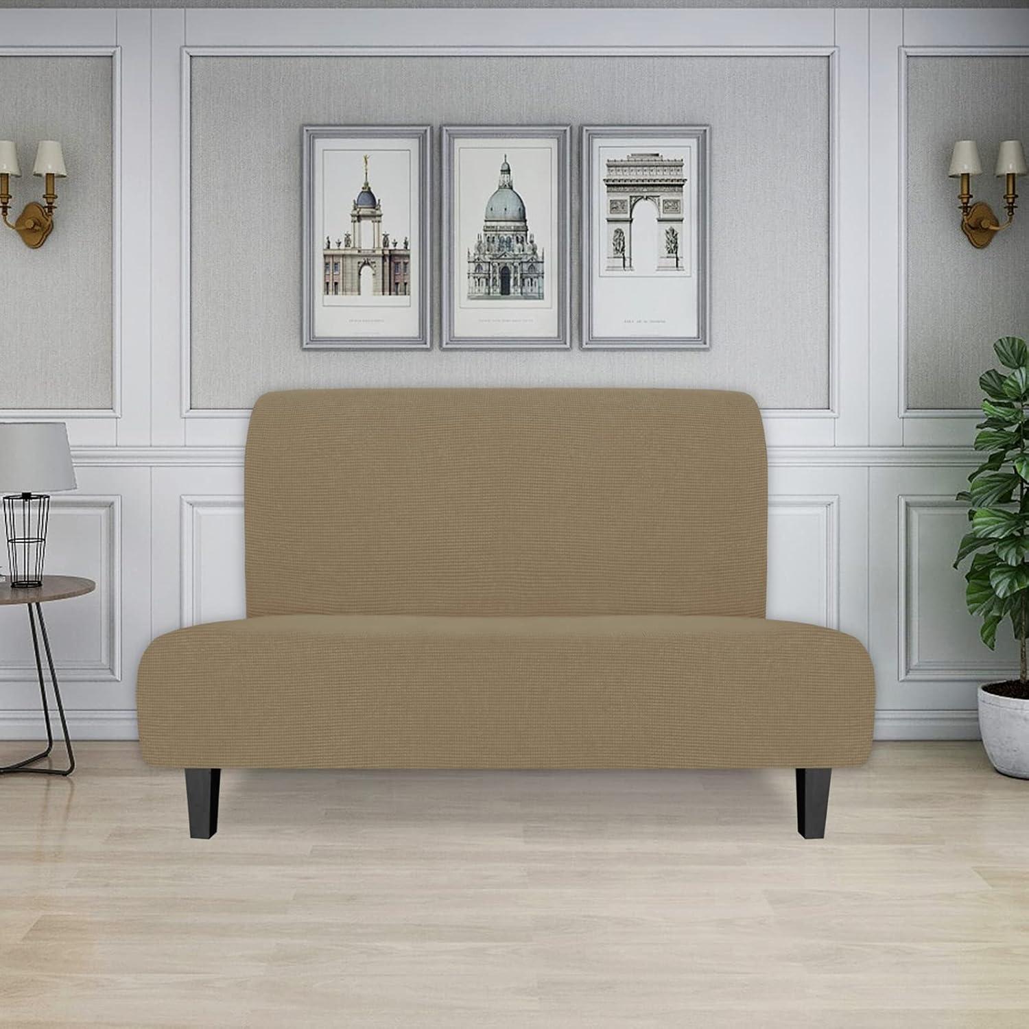 image:imageEasyGoing Stretch Futon Slipcover Armless Futon Bed Cover Furniture Protector Without Armrests with Elastic Bottom for Kids Soft Jacquard Fabric Small Checks Large Dark GrayTan