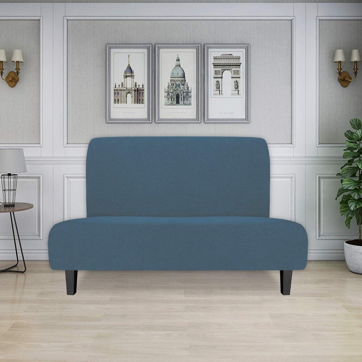 image:imageEasyGoing Stretch Futon Slipcover Armless Futon Bed Cover Furniture Protector Without Armrests with Elastic Bottom for Kids Soft Jacquard Fabric Small Checks Large Dark GrayBluestone