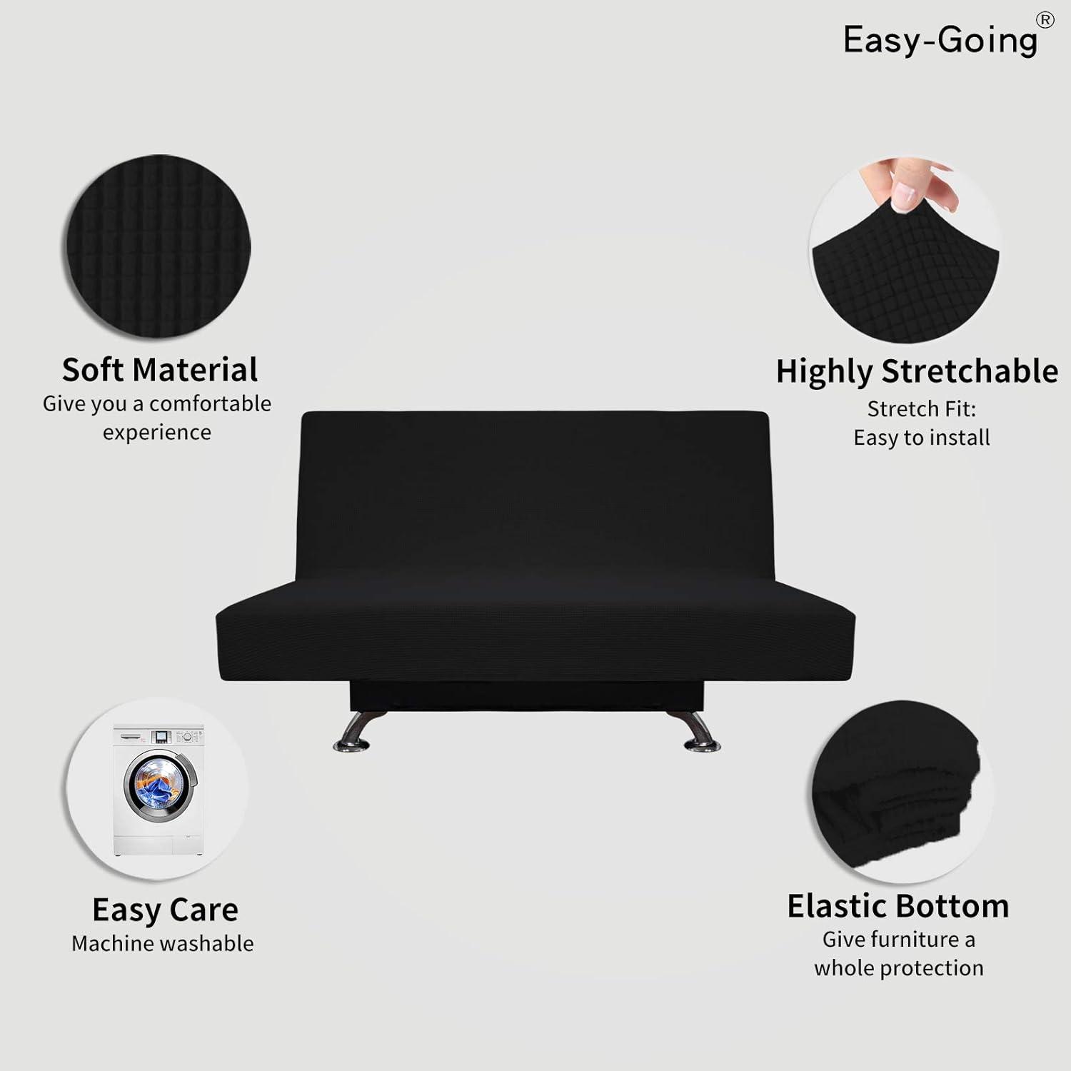 image:imageEasyGoing Stretch Futon Slipcover Armless Futon Bed Cover Furniture Protector Without Armrests with Elastic Bottom for Kids Soft Jacquard Fabric Small Checks Large Dark GrayBlack