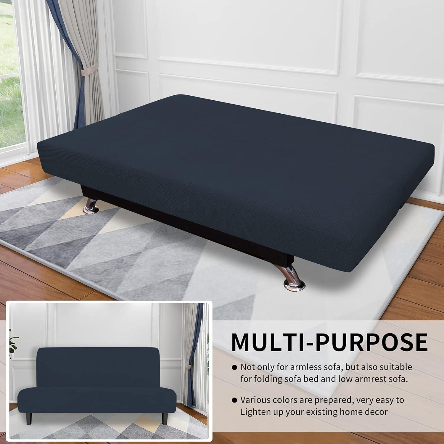 image:imageEasyGoing Stretch Futon Slipcover Armless Futon Bed Cover Furniture Protector Without Armrests with Elastic Bottom for Kids Soft Jacquard Fabric Small Checks Large Dark GrayDark Blue