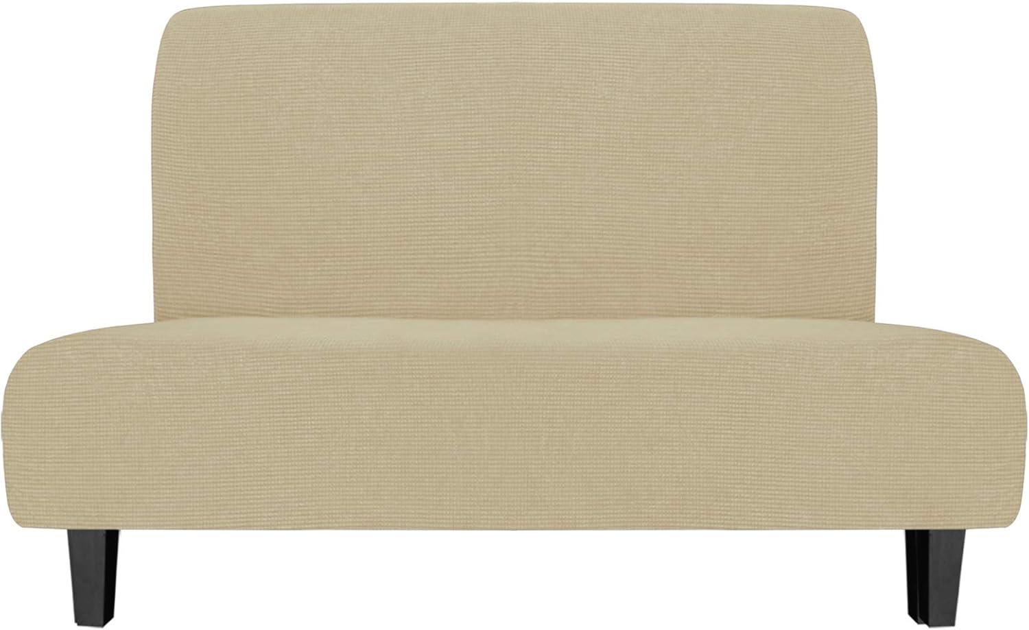 image:imageEasyGoing Stretch Futon Slipcover Armless Futon Bed Cover Furniture Protector Without Armrests with Elastic Bottom for Kids Soft Jacquard Fabric Small Checks Large Dark GrayBeige