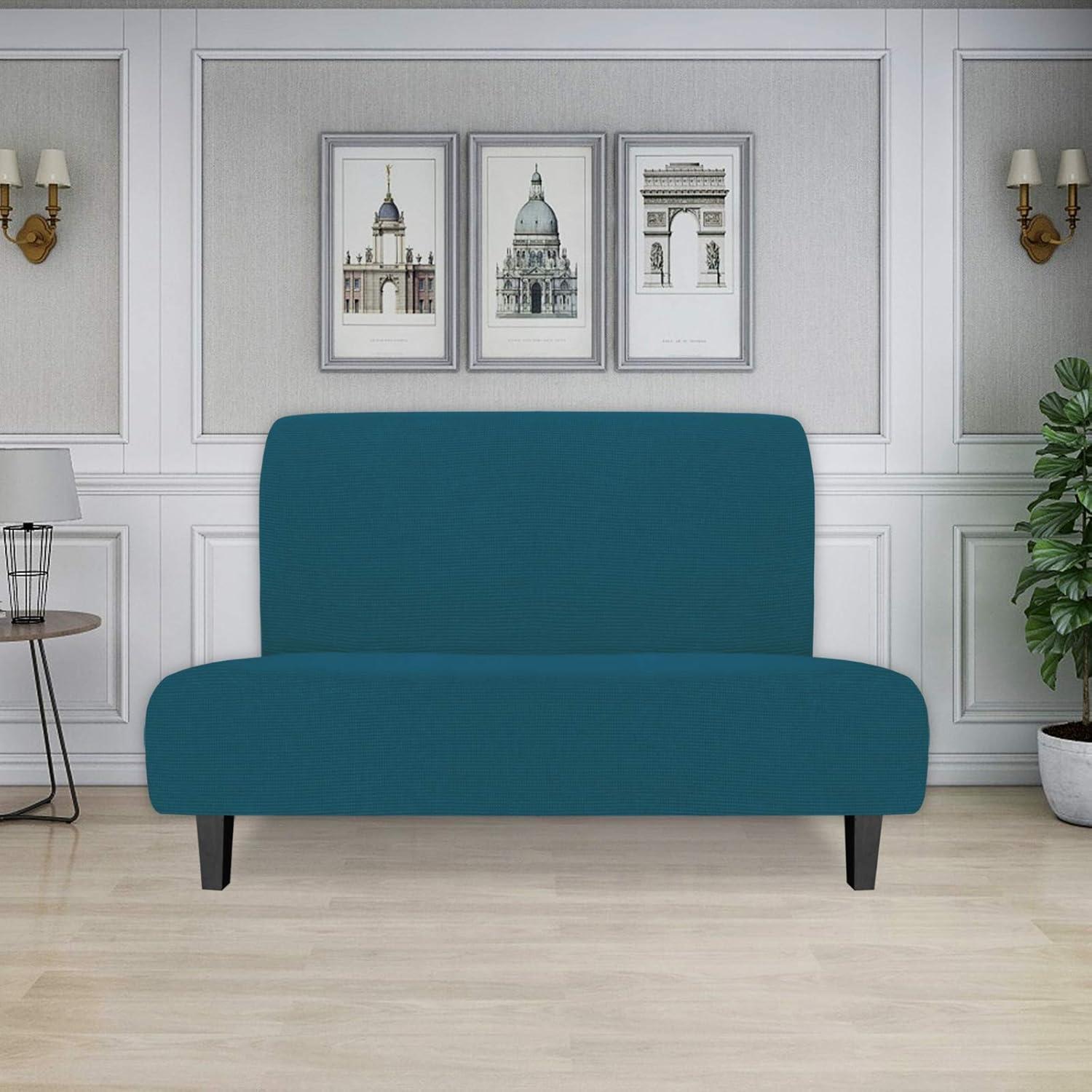 image:imageEasyGoing Stretch Futon Slipcover Armless Futon Bed Cover Furniture Protector Without Armrests with Elastic Bottom for Kids Soft Jacquard Fabric Small Checks Large Dark GrayPeacock Blue