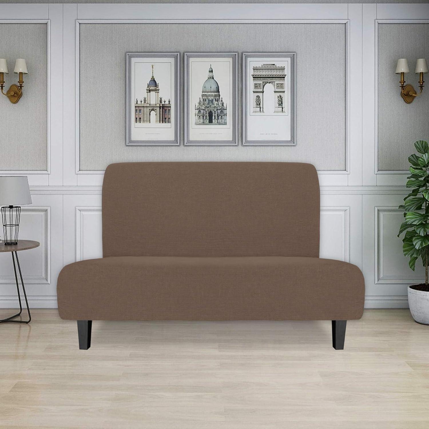 image:imageEasyGoing Stretch Futon Slipcover Armless Futon Bed Cover Furniture Protector Without Armrests with Elastic Bottom for Kids Soft Jacquard Fabric Small Checks Large Dark GrayBrown