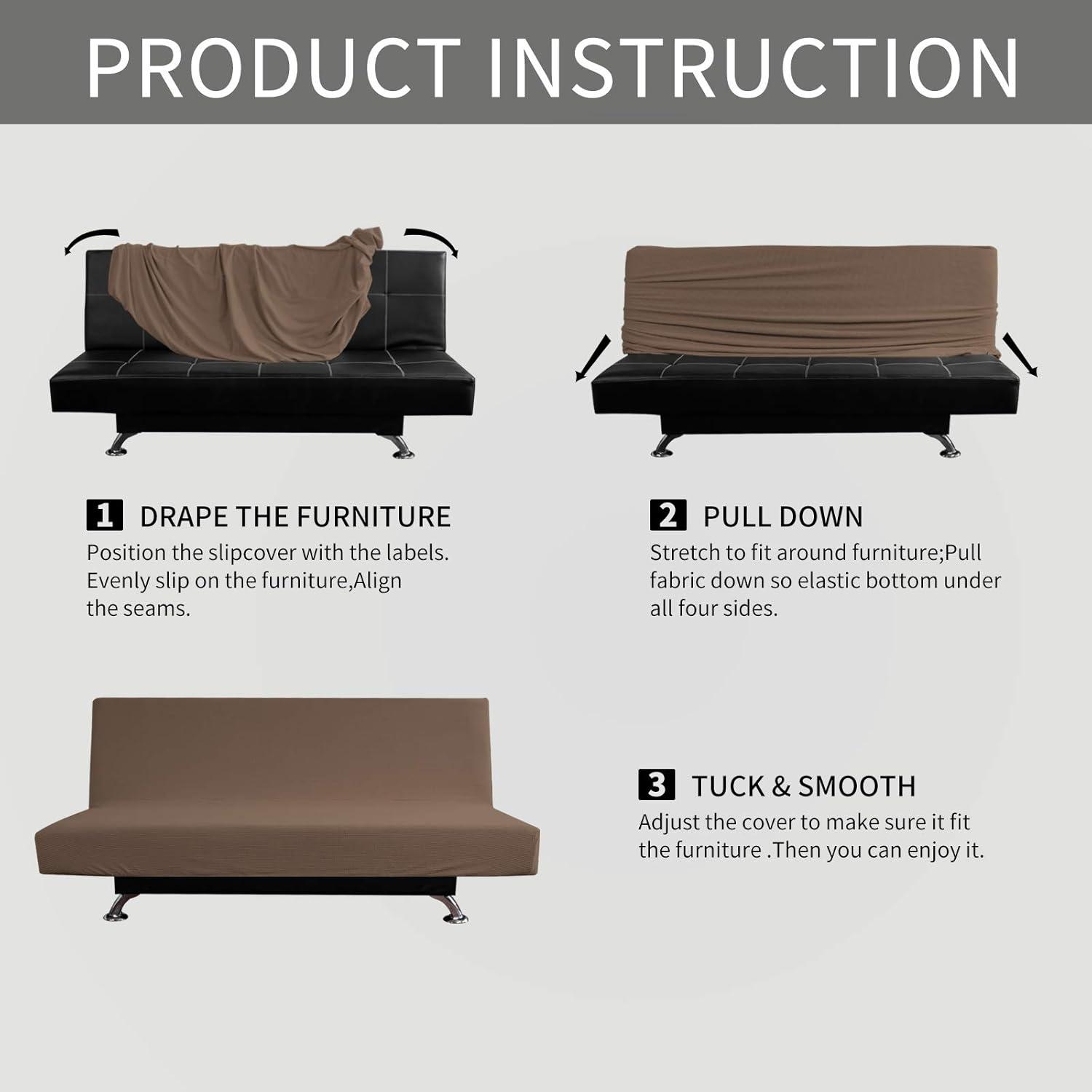 image:imageEasyGoing Stretch Futon Slipcover Armless Futon Bed Cover Furniture Protector Without Armrests with Elastic Bottom for Kids Soft Jacquard Fabric Small Checks Large Dark GrayBrown