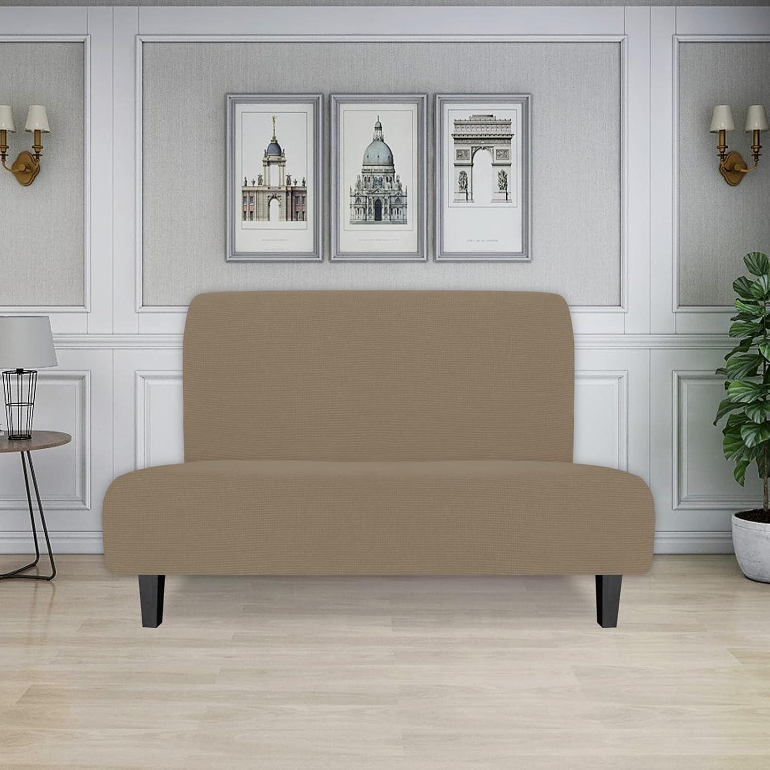 image:imageEasyGoing Stretch Futon Slipcover Armless Futon Bed Cover Furniture Protector Without Armrests with Elastic Bottom for Kids Soft Jacquard Fabric Small Checks Large Dark GrayNatural