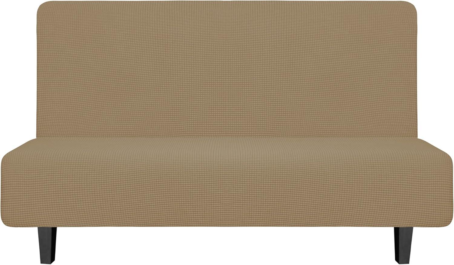 image:imageEasyGoing Stretch Futon Slipcover Armless Futon Bed Cover Furniture Protector Without Armrests with Elastic Bottom for Kids Soft Jacquard Fabric Small Checks Large Dark GrayTan