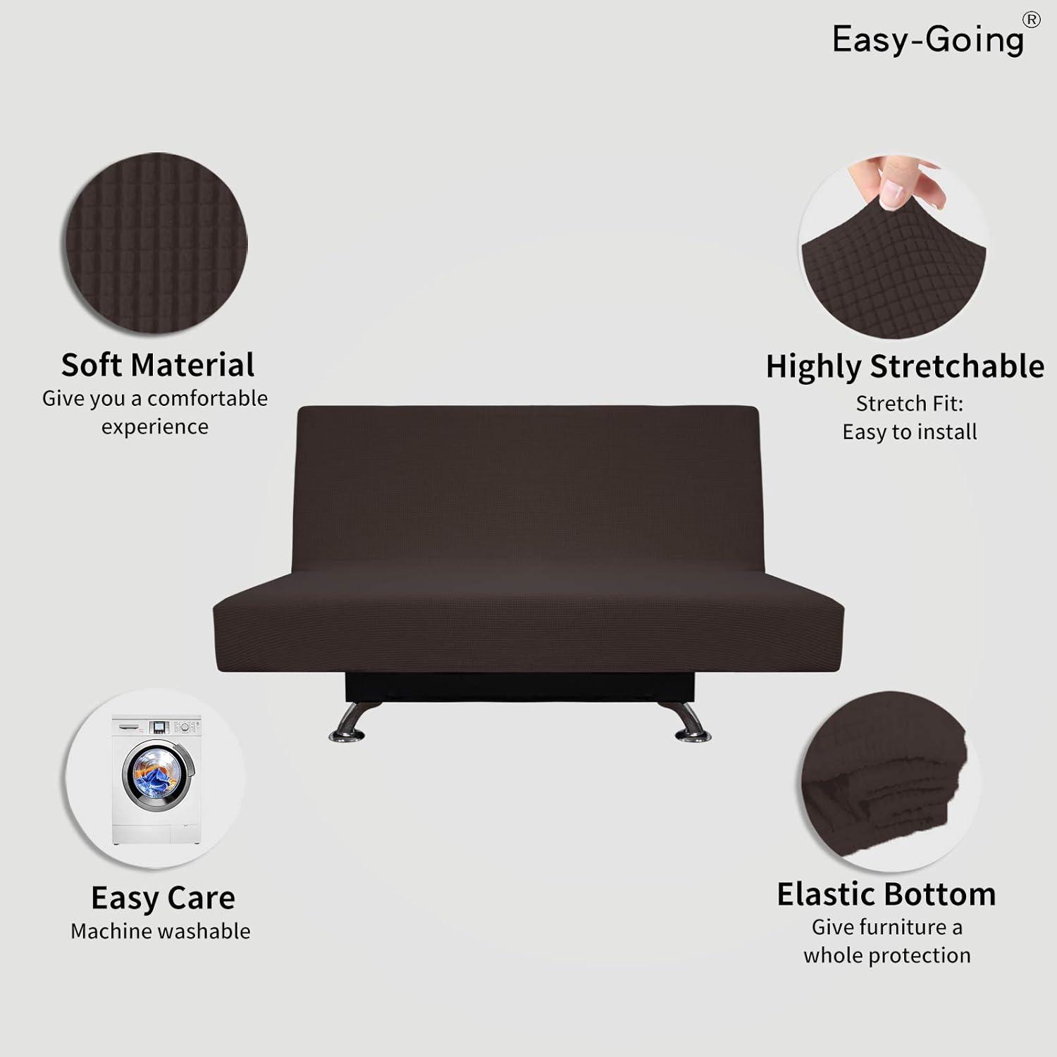 image:imageEasyGoing Stretch Futon Slipcover Armless Futon Bed Cover Furniture Protector Without Armrests with Elastic Bottom for Kids Soft Jacquard Fabric Small Checks Large Dark GrayChocolate