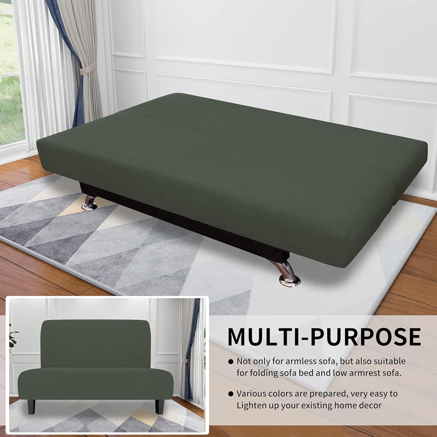 image:imageEasyGoing Stretch Futon Slipcover Armless Futon Bed Cover Furniture Protector Without Armrests with Elastic Bottom for Kids Soft Jacquard Fabric Small Checks Large Dark GrayOlive Green