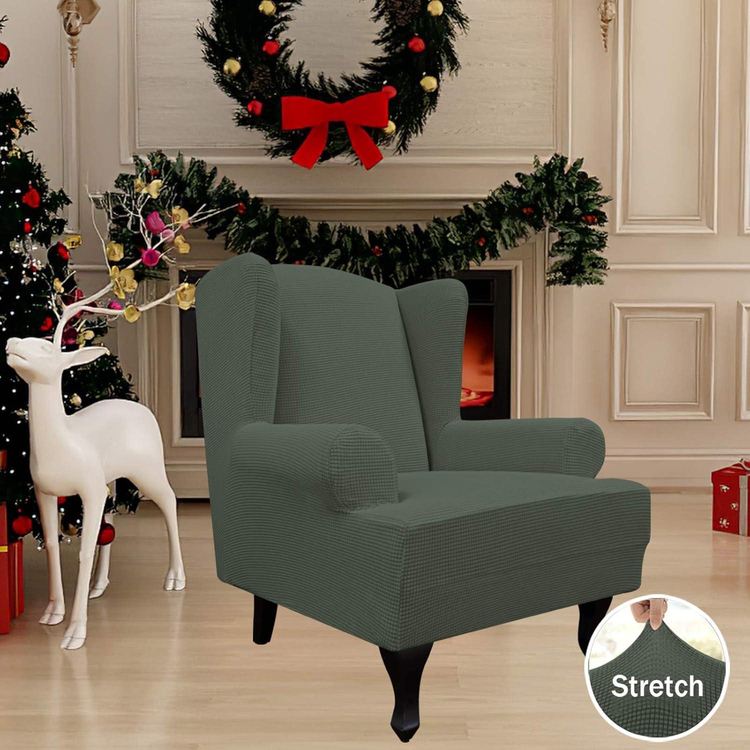 image:imageEasyGoing Stretch Wingback Chair Sofa Slipcover 1Piece Sofa Cover Furniture Protector Couch Soft with Elastic Bottom Spandex Jacquard Fabric Small ChecksWing ChairCamelOlive Green
