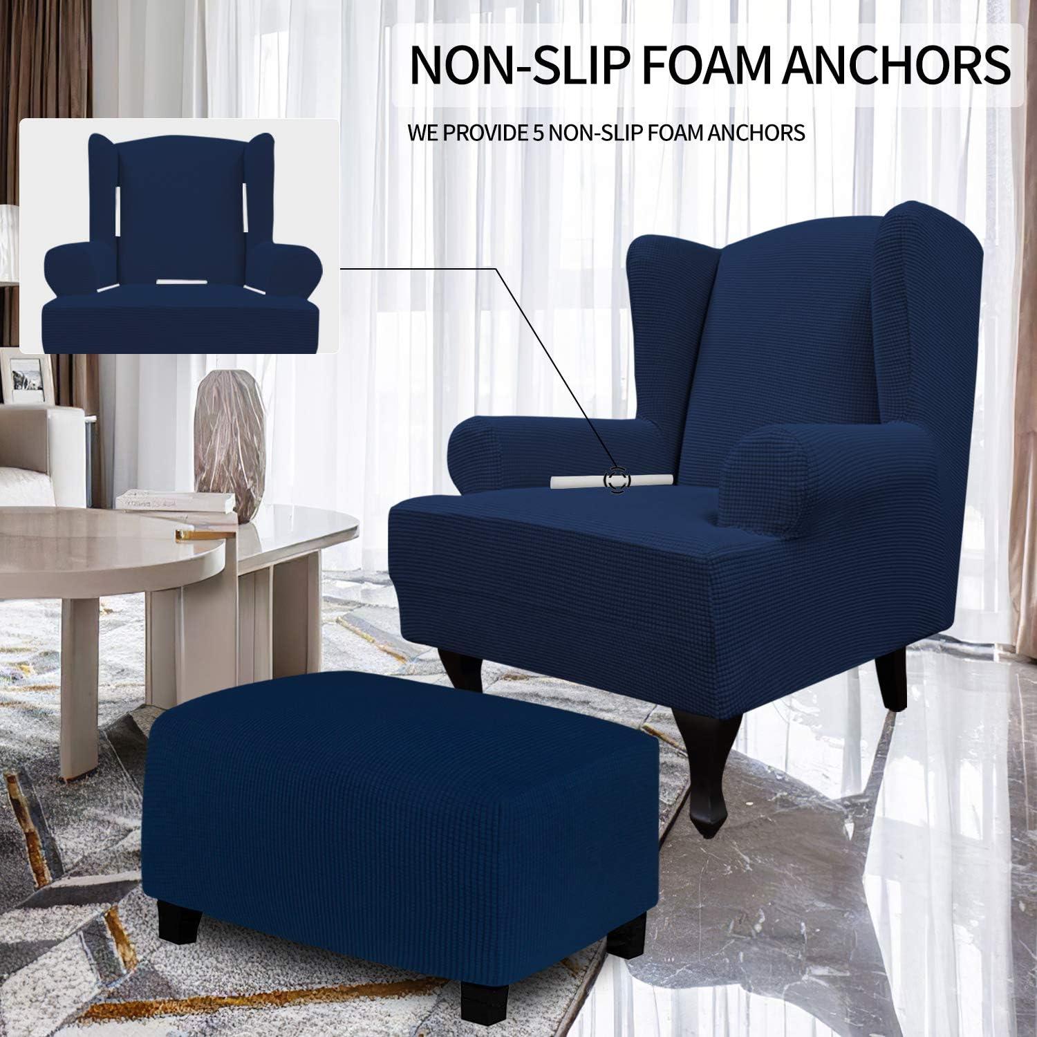 image:imageEasyGoing Stretch Wingback Chair Sofa Slipcover 1Piece Sofa Cover Furniture Protector Couch Soft with Elastic Bottom Spandex Jacquard Fabric Small ChecksWing ChairCamelNavy