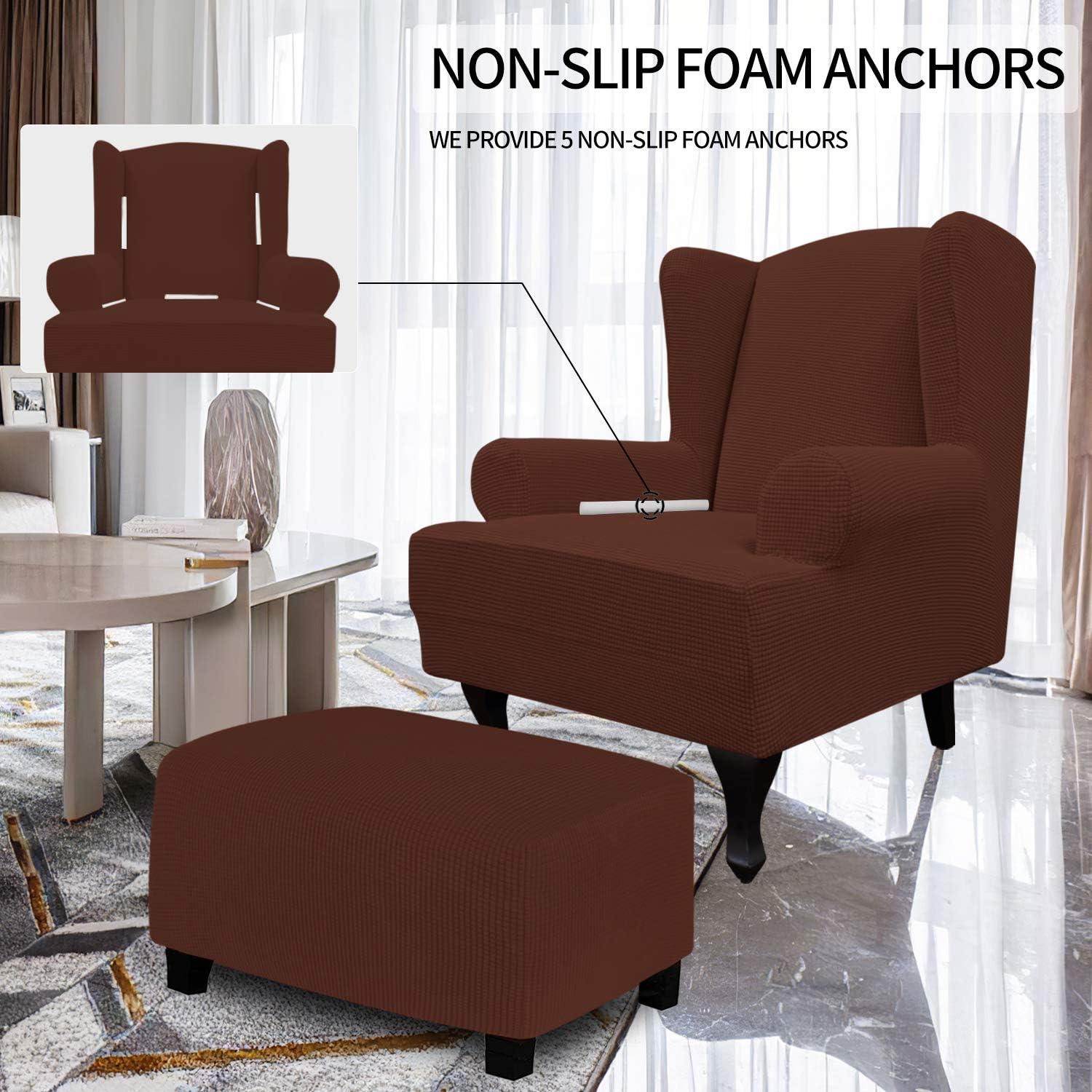 image:imageEasyGoing Stretch Wingback Chair Sofa Slipcover 1Piece Sofa Cover Furniture Protector Couch Soft with Elastic Bottom Spandex Jacquard Fabric Small ChecksWing ChairCamelCoffee