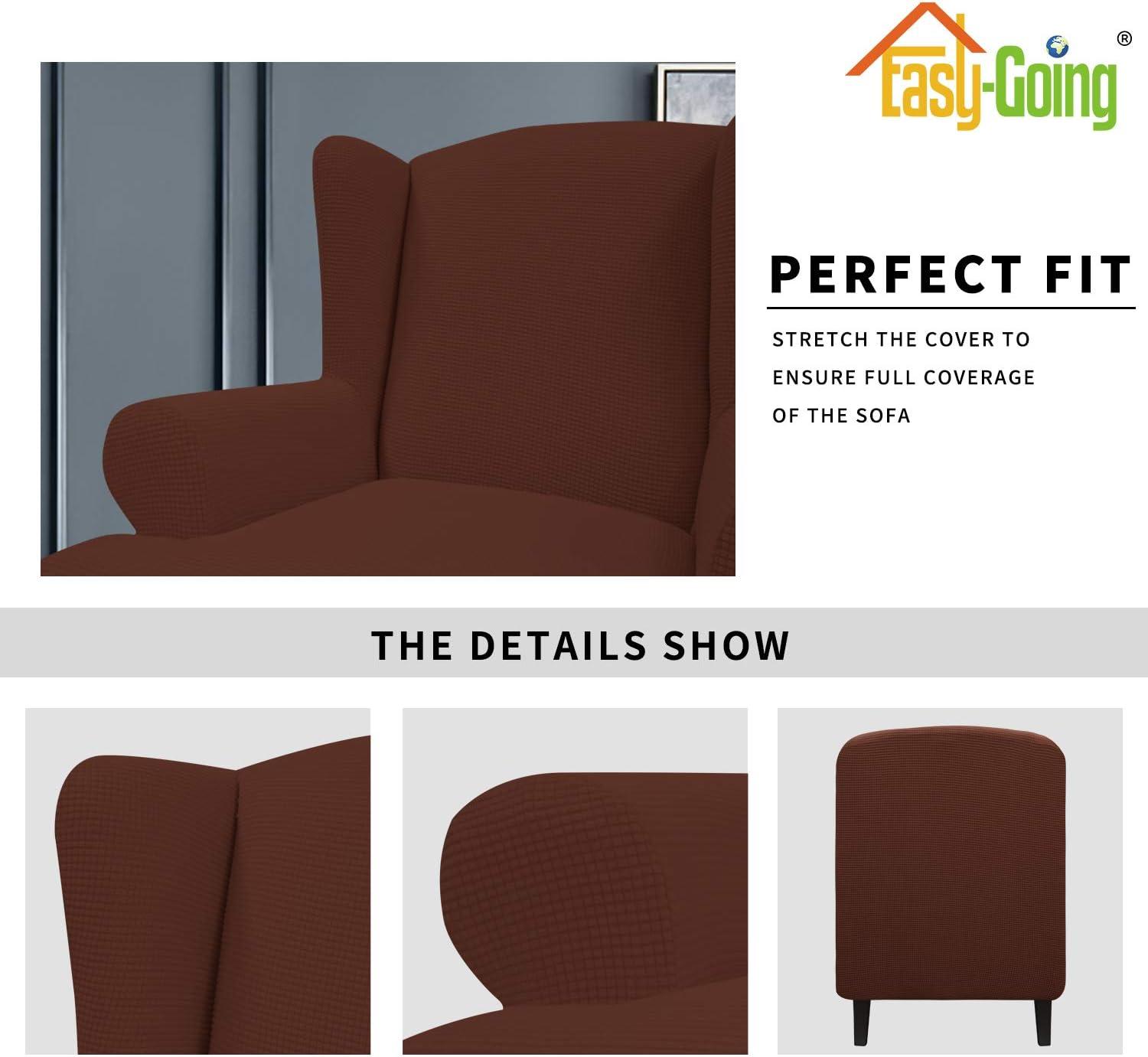 image:imageEasyGoing Stretch Wingback Chair Sofa Slipcover 1Piece Sofa Cover Furniture Protector Couch Soft with Elastic Bottom Spandex Jacquard Fabric Small ChecksWing ChairCamelCoffee