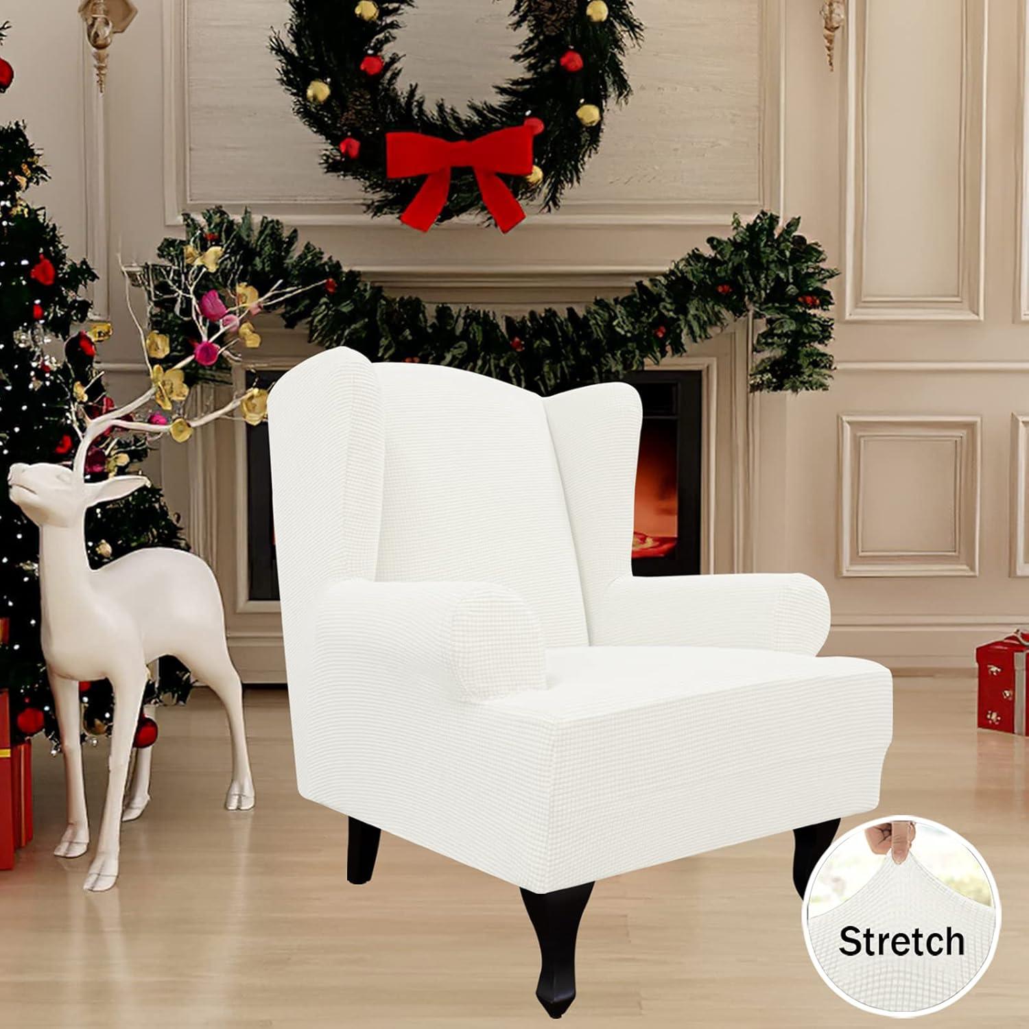 image:imageEasyGoing Stretch Wingback Chair Sofa Slipcover 1Piece Sofa Cover Furniture Protector Couch Soft with Elastic Bottom Spandex Jacquard Fabric Small ChecksWing ChairCamelCream