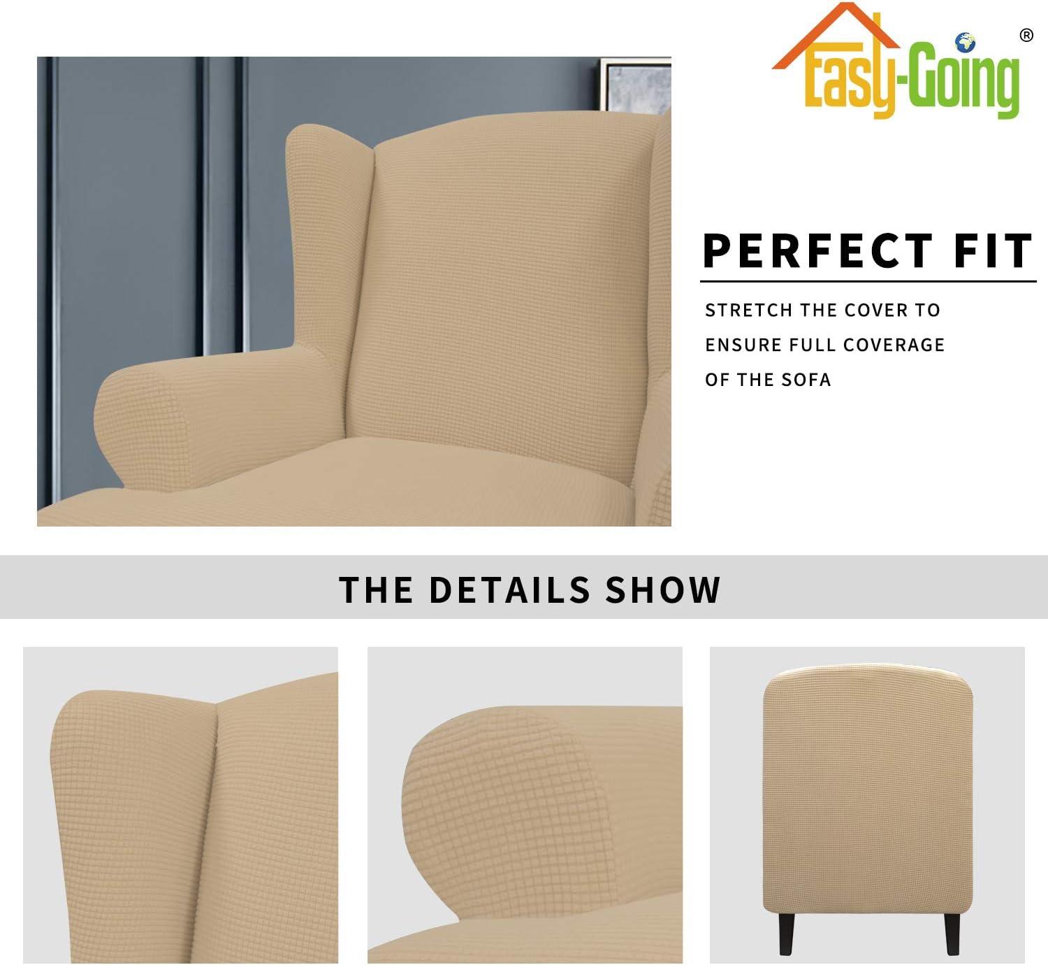image:imageEasyGoing Stretch Wingback Chair Sofa Slipcover 1Piece Sofa Cover Furniture Protector Couch Soft with Elastic Bottom Spandex Jacquard Fabric Small ChecksWing ChairCamelSand