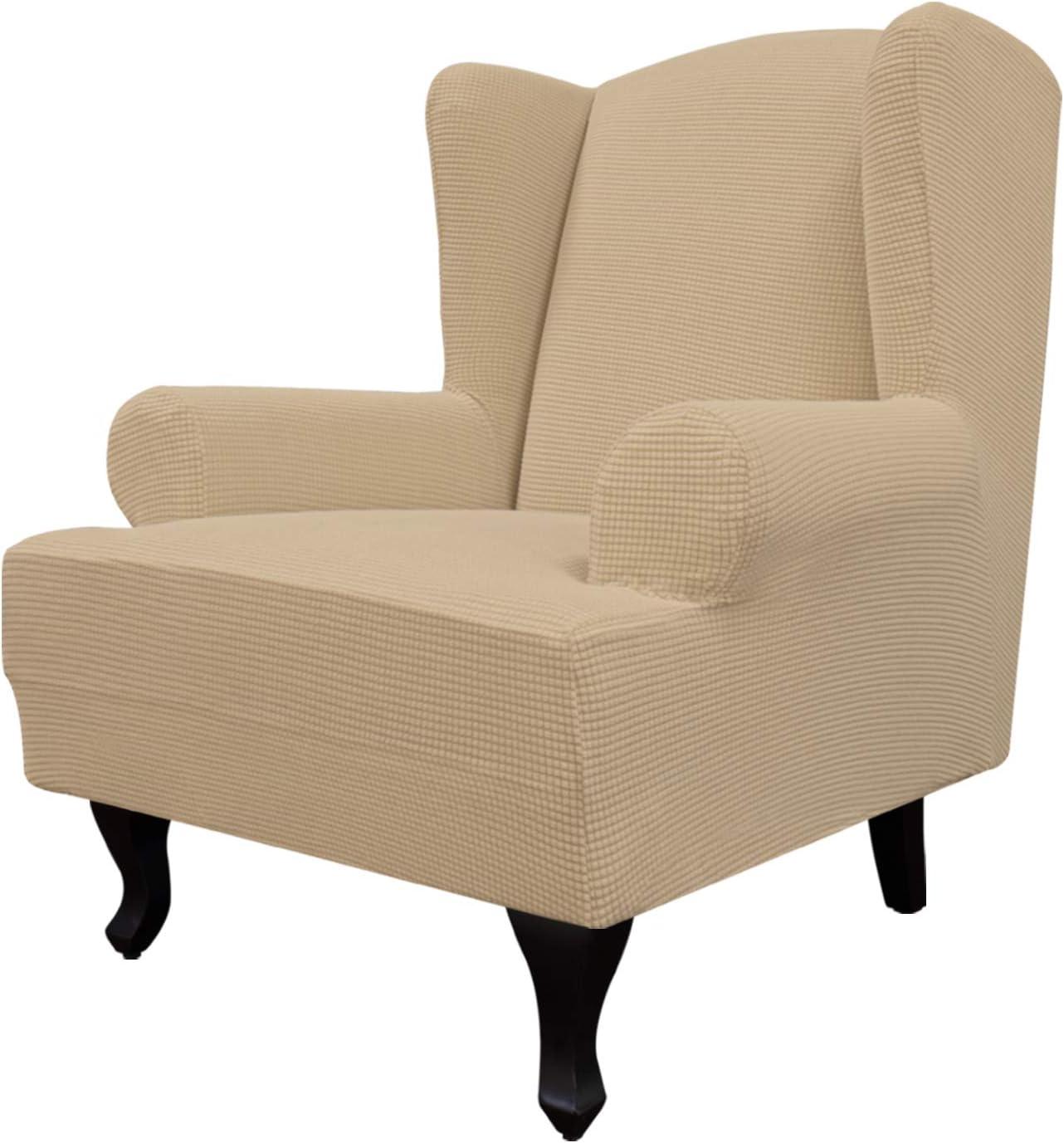 image:imageEasyGoing Stretch Wingback Chair Sofa Slipcover 1Piece Sofa Cover Furniture Protector Couch Soft with Elastic Bottom Spandex Jacquard Fabric Small ChecksWing ChairCamelSand