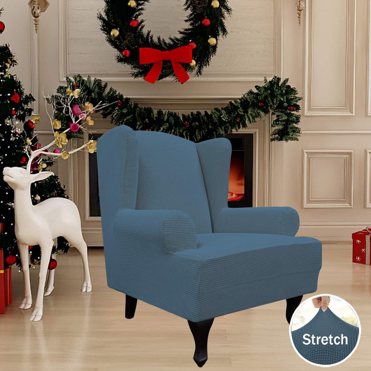 image:imageEasyGoing Stretch Wingback Chair Sofa Slipcover 1Piece Sofa Cover Furniture Protector Couch Soft with Elastic Bottom Spandex Jacquard Fabric Small ChecksWing ChairCamelBluestone