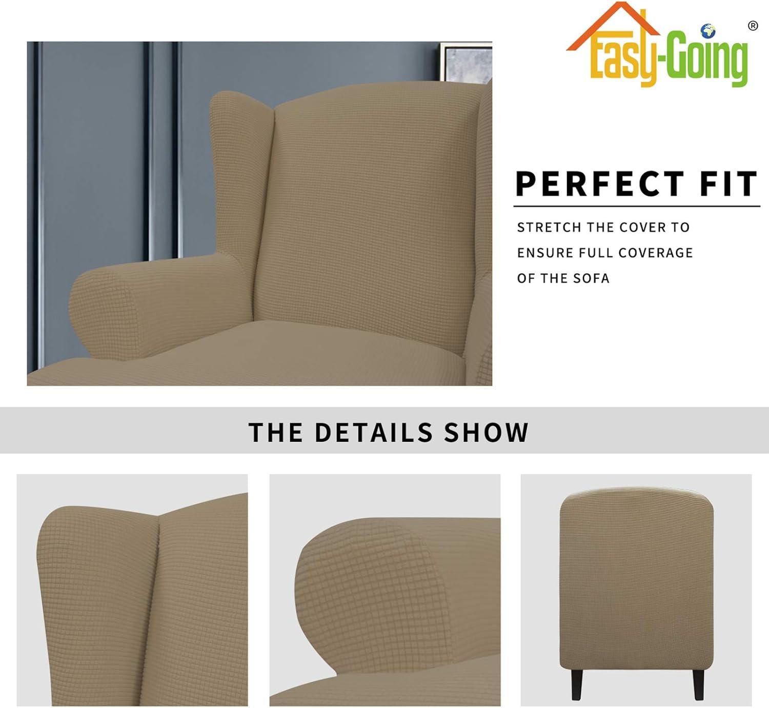 image:imageEasyGoing Stretch Wingback Chair Sofa Slipcover 1Piece Sofa Cover Furniture Protector Couch Soft with Elastic Bottom Spandex Jacquard Fabric Small ChecksWing ChairCamelTan