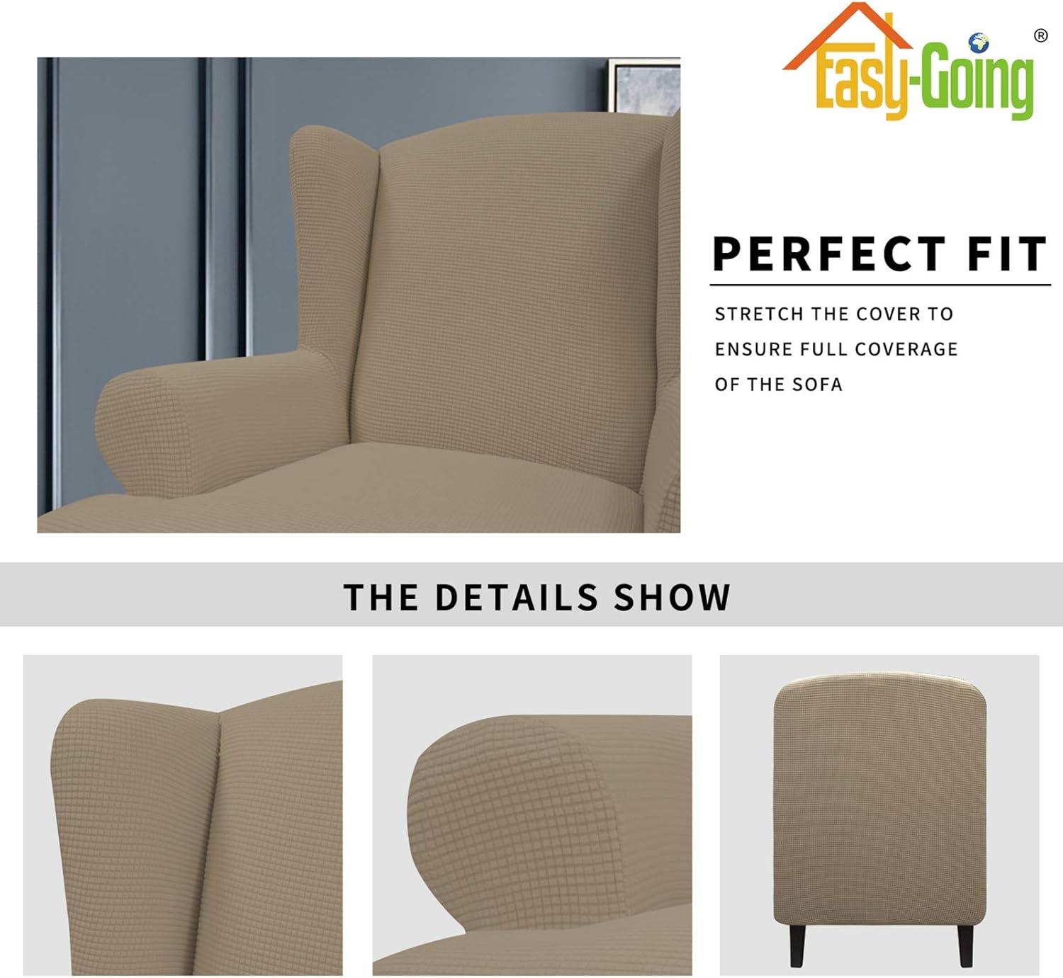 image:imageEasyGoing Stretch Wingback Chair Sofa Slipcover 1Piece Sofa Cover Furniture Protector Couch Soft with Elastic Bottom Spandex Jacquard Fabric Small ChecksWing ChairCamelNatural