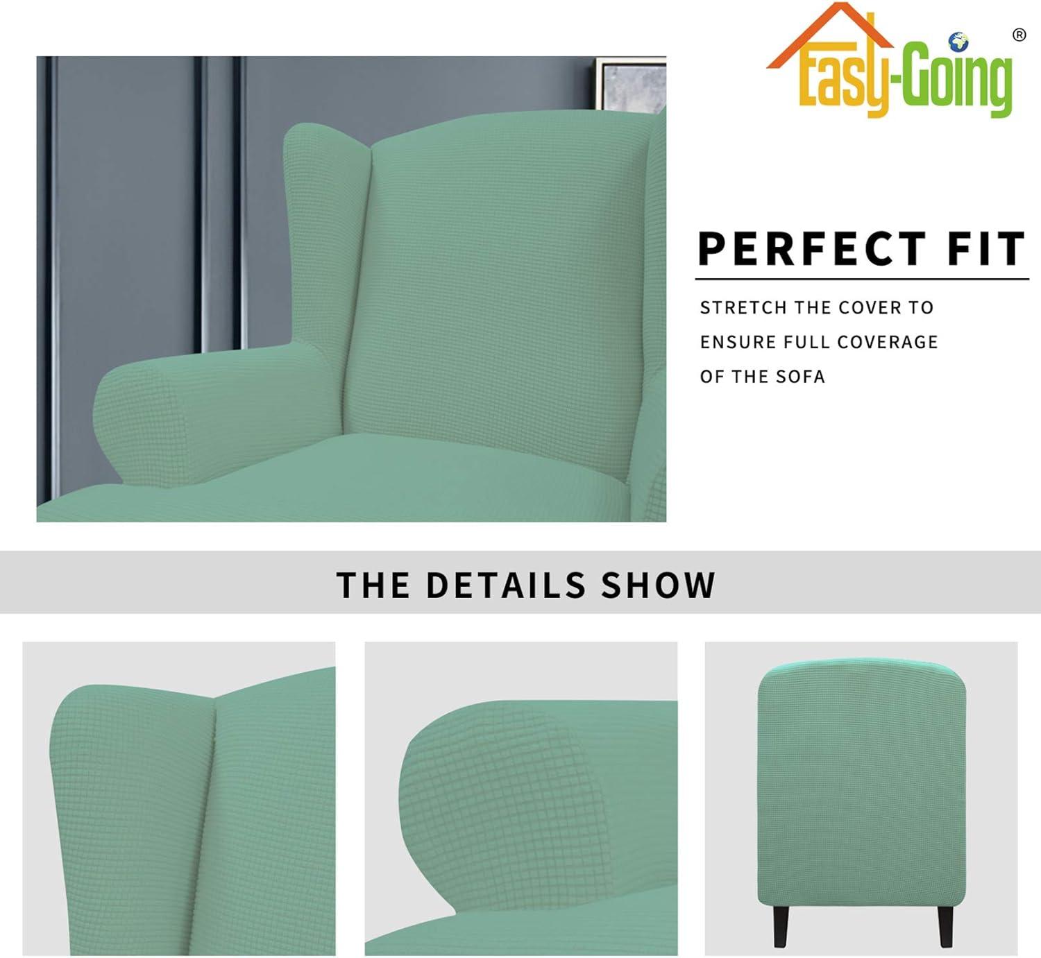 image:imageEasyGoing Stretch Wingback Chair Sofa Slipcover 1Piece Sofa Cover Furniture Protector Couch Soft with Elastic Bottom Spandex Jacquard Fabric Small ChecksWing ChairCamelCyan