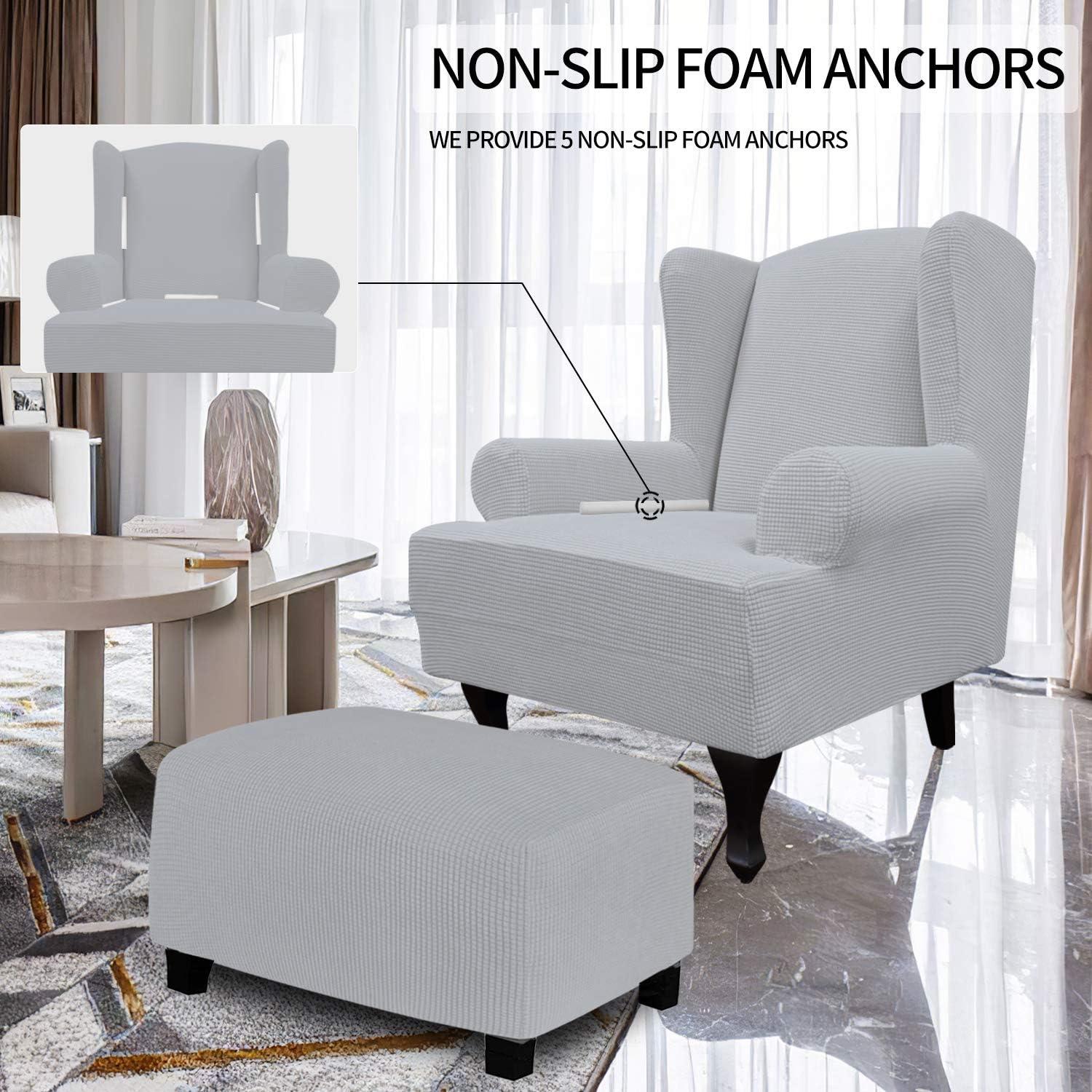 image:imageEasyGoing Stretch Wingback Chair Sofa Slipcover 1Piece Sofa Cover Furniture Protector Couch Soft with Elastic Bottom Spandex Jacquard Fabric Small ChecksWing ChairCamelSilver Gray