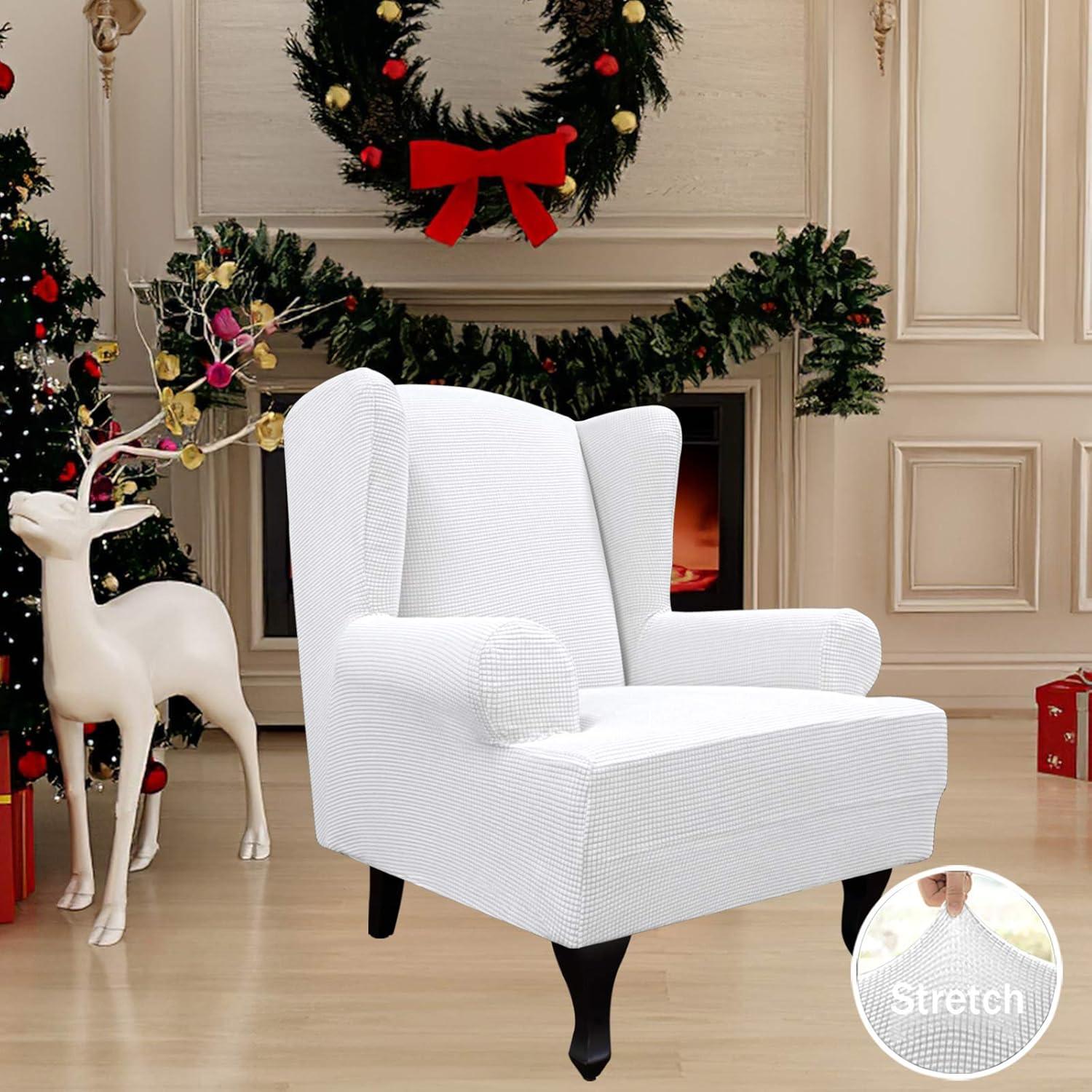 image:imageEasyGoing Stretch Wingback Chair Sofa Slipcover 1Piece Sofa Cover Furniture Protector Couch Soft with Elastic Bottom Spandex Jacquard Fabric Small ChecksWing ChairCamelSnow White