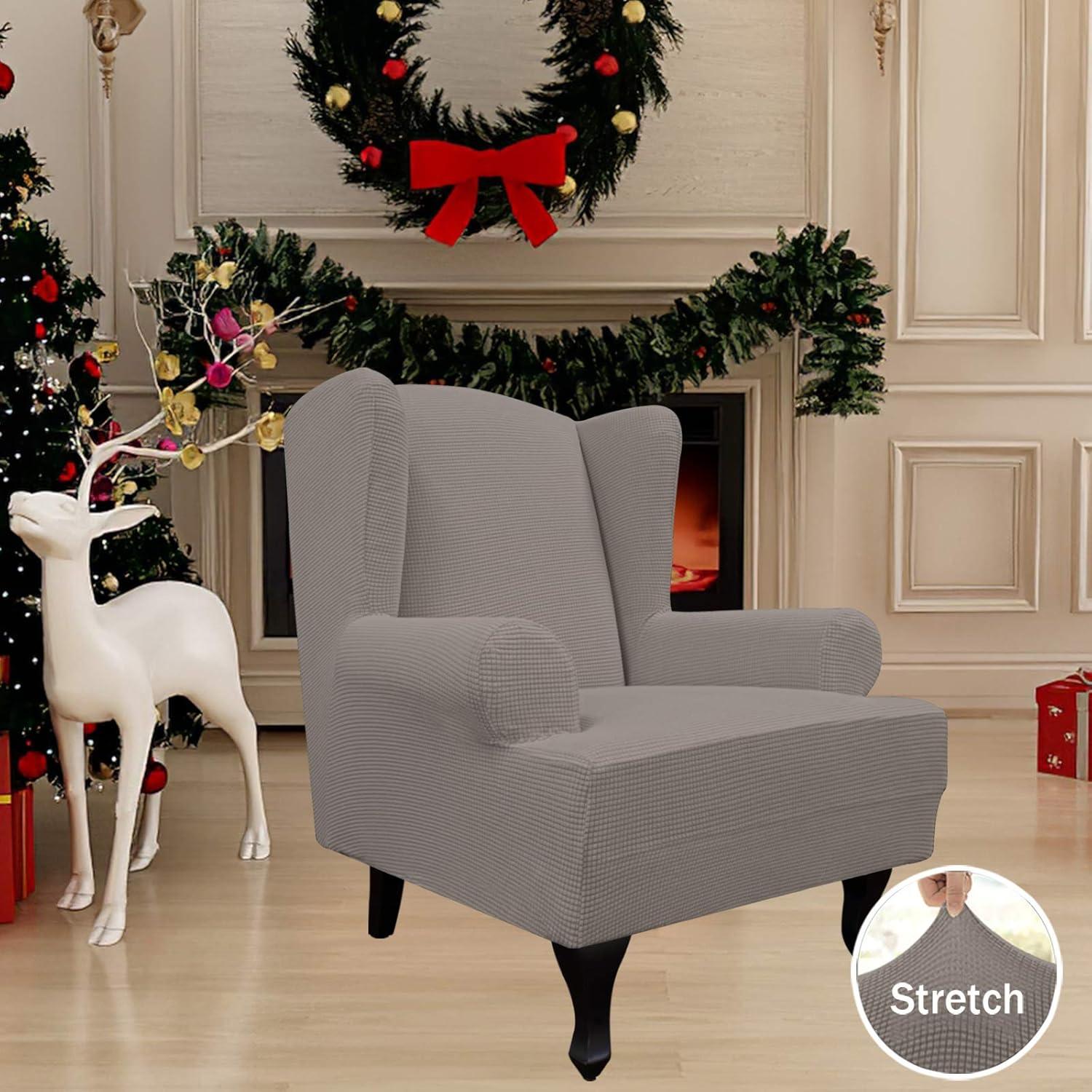 image:imageEasyGoing Stretch Wingback Chair Sofa Slipcover 1Piece Sofa Cover Furniture Protector Couch Soft with Elastic Bottom Spandex Jacquard Fabric Small ChecksWing ChairCamelTaupe