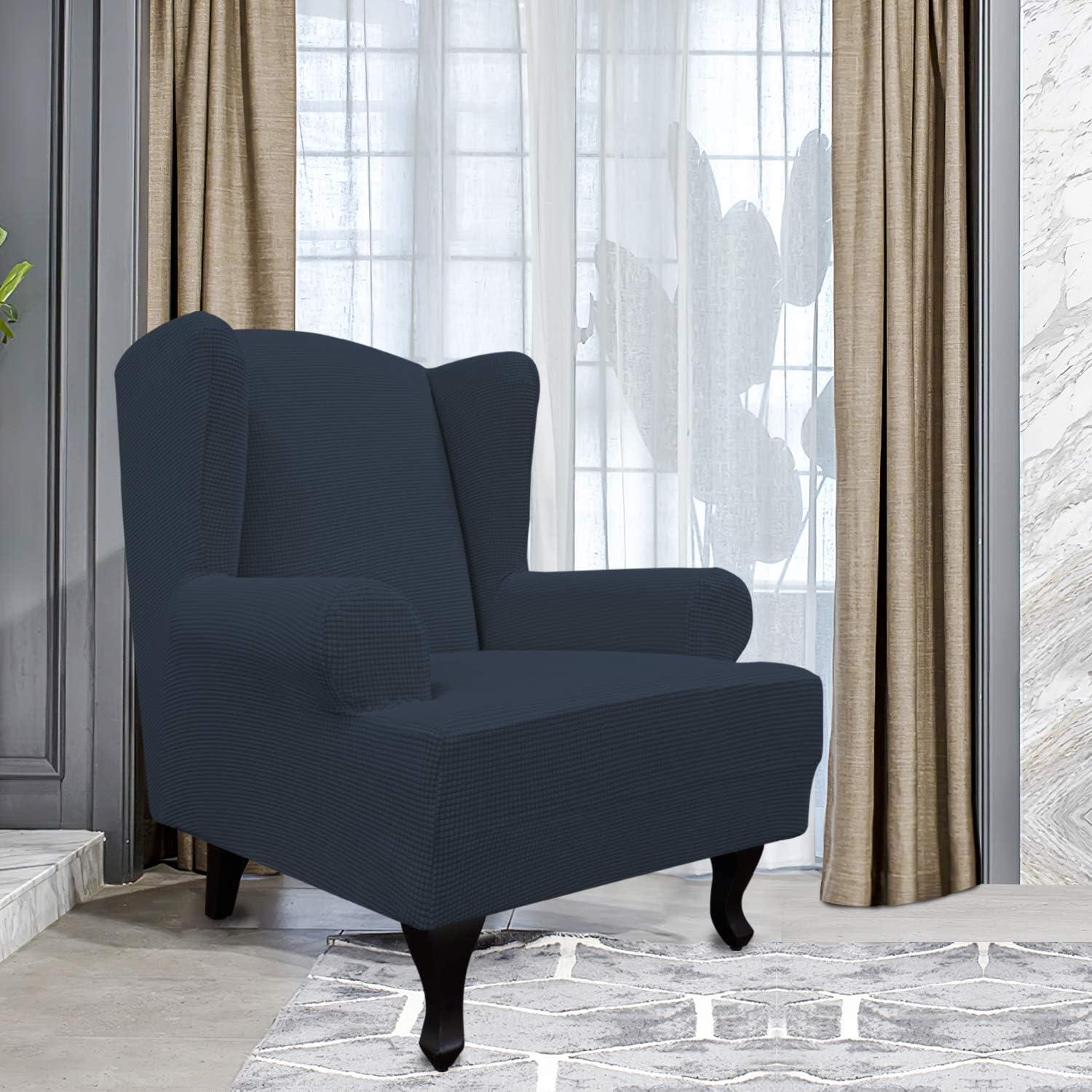 image:imageEasyGoing Stretch Wingback Chair Sofa Slipcover 1Piece Sofa Cover Furniture Protector Couch Soft with Elastic Bottom Spandex Jacquard Fabric Small ChecksWing ChairCamelDark Blue