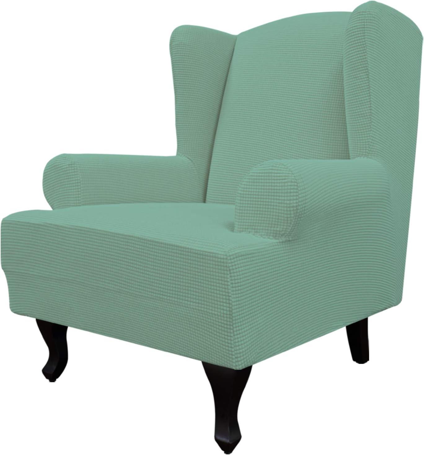 image:imageEasyGoing Stretch Wingback Chair Sofa Slipcover 1Piece Sofa Cover Furniture Protector Couch Soft with Elastic Bottom Spandex Jacquard Fabric Small ChecksWing ChairCamelCyan