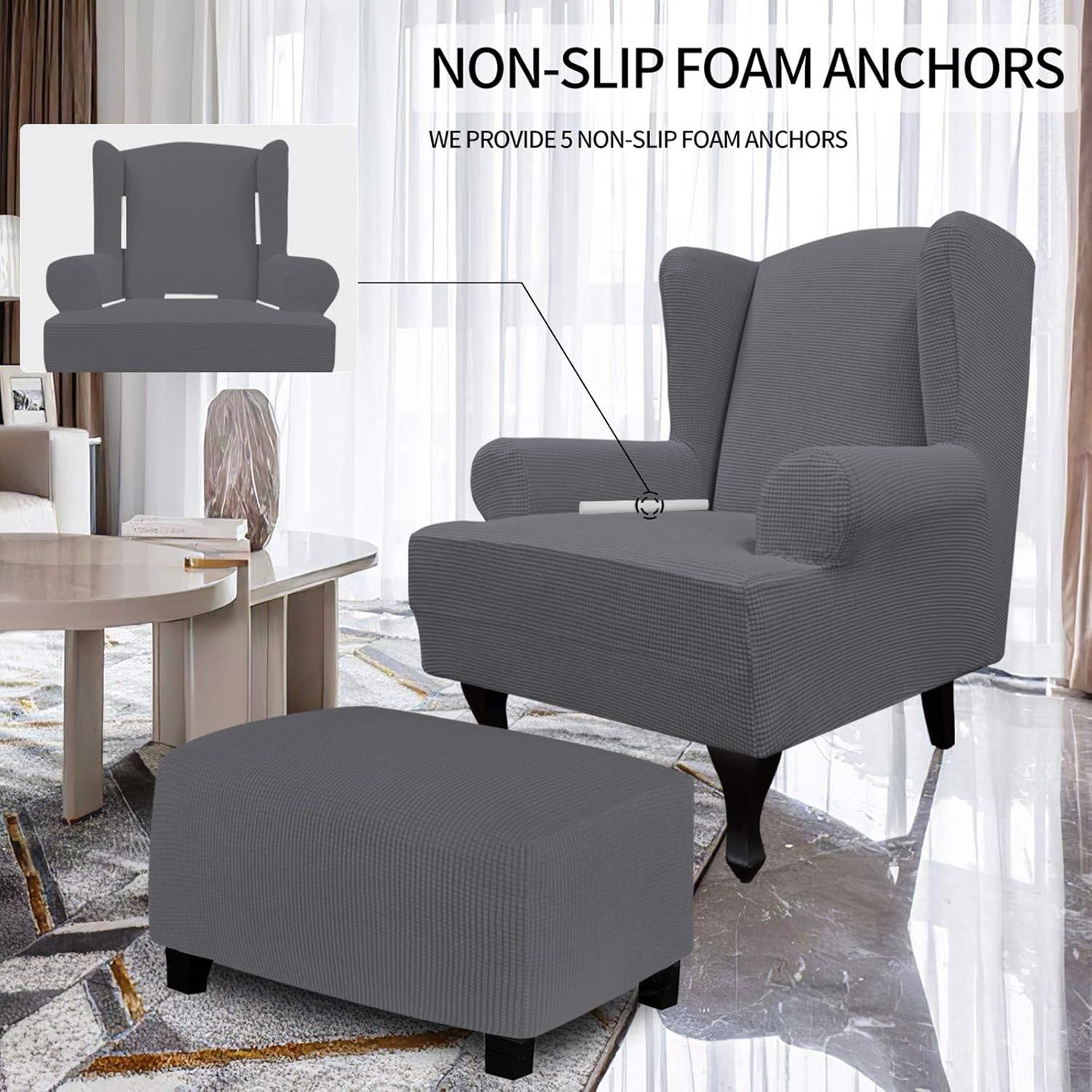 image:imageEasyGoing Stretch Wingback Chair Sofa Slipcover 1Piece Sofa Cover Furniture Protector Couch Soft with Elastic Bottom Spandex Jacquard Fabric Small ChecksWing ChairCamelGrey