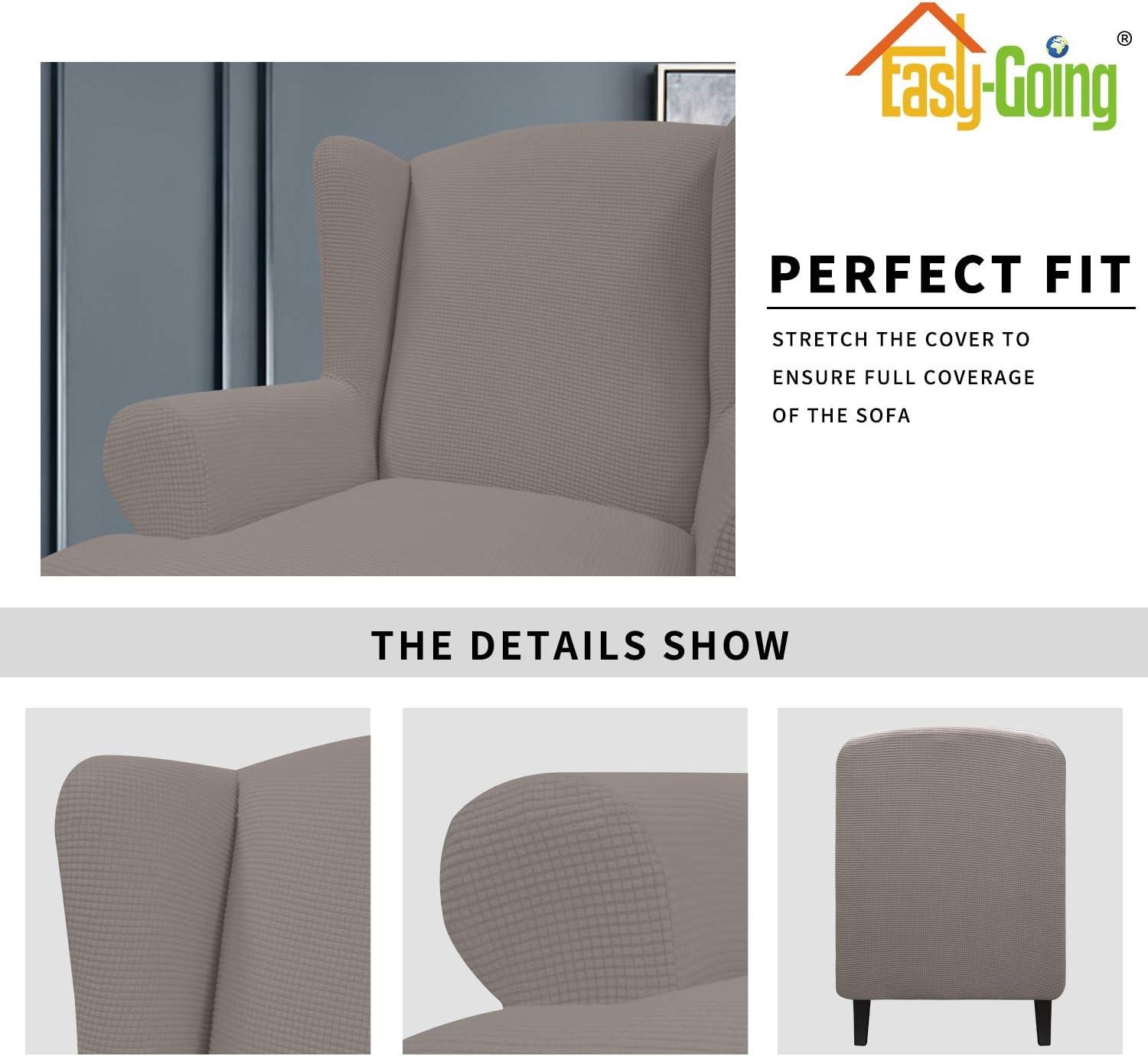 image:imageEasyGoing Stretch Wingback Chair Sofa Slipcover 1Piece Sofa Cover Furniture Protector Couch Soft with Elastic Bottom Spandex Jacquard Fabric Small ChecksWing ChairCamelTaupe