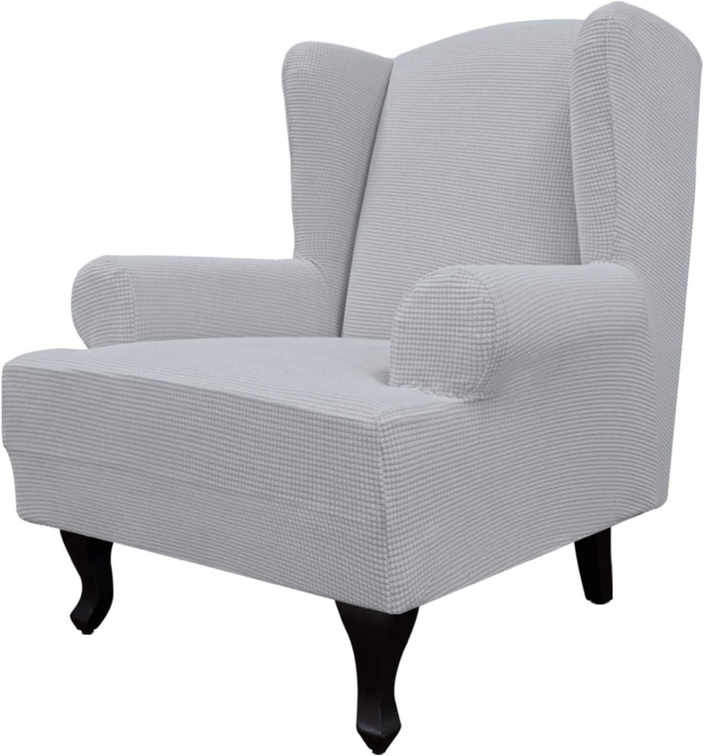 image:imageEasyGoing Stretch Wingback Chair Sofa Slipcover 1Piece Sofa Cover Furniture Protector Couch Soft with Elastic Bottom Spandex Jacquard Fabric Small ChecksWing ChairCamelSilver Gray