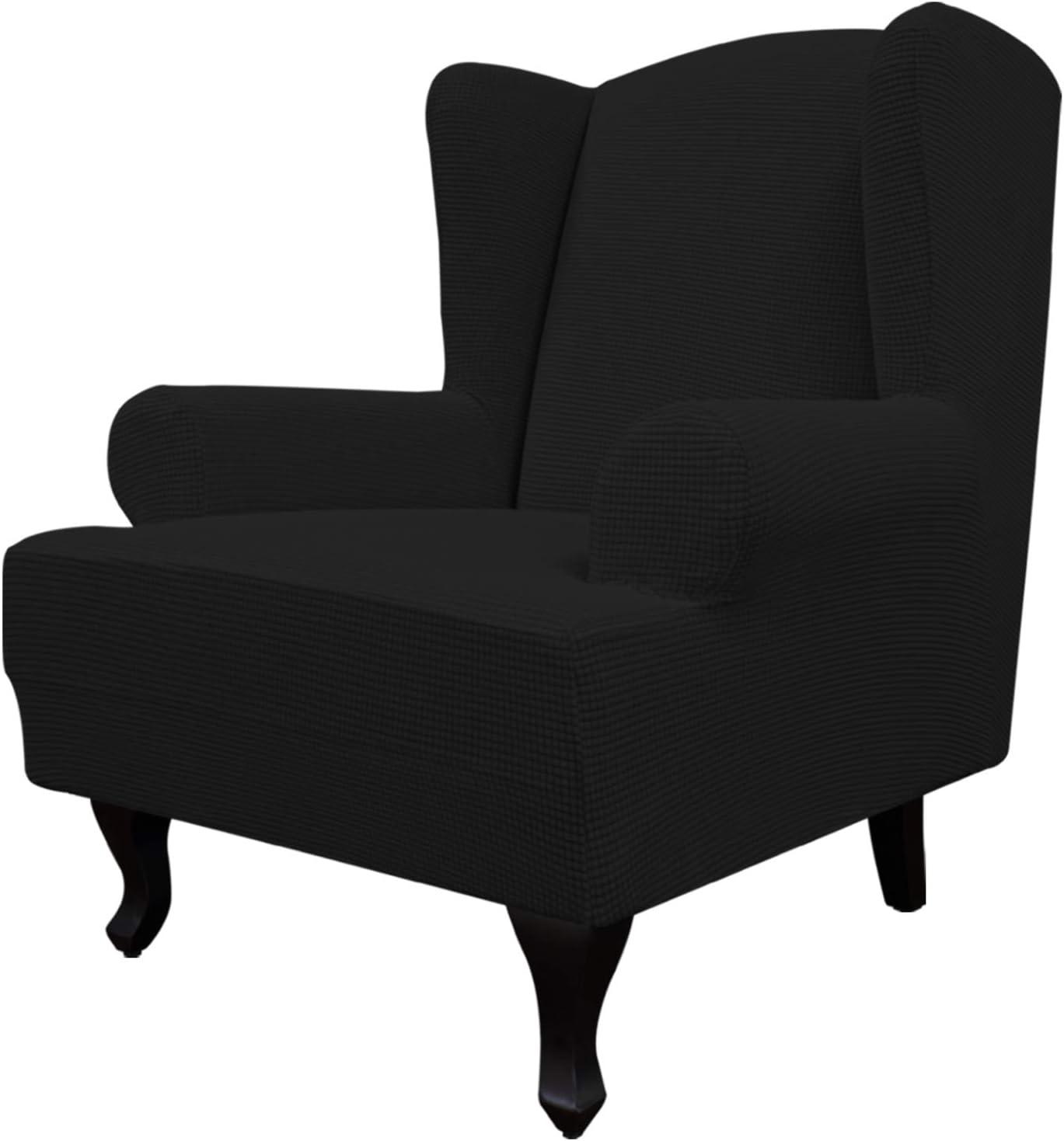 image:imageEasyGoing Stretch Wingback Chair Sofa Slipcover 1Piece Sofa Cover Furniture Protector Couch Soft with Elastic Bottom Spandex Jacquard Fabric Small ChecksWing ChairCamelBlack
