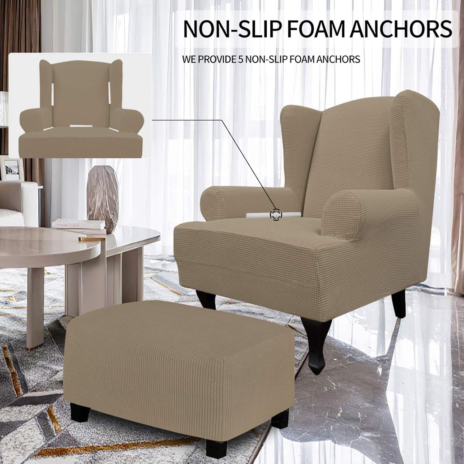 image:imageEasyGoing Stretch Wingback Chair Sofa Slipcover 1Piece Sofa Cover Furniture Protector Couch Soft with Elastic Bottom Spandex Jacquard Fabric Small ChecksWing ChairCamelNatural