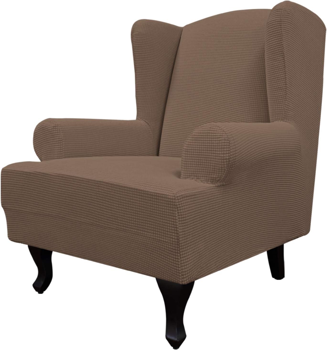 image:imageEasyGoing Stretch Wingback Chair Sofa Slipcover 1Piece Sofa Cover Furniture Protector Couch Soft with Elastic Bottom Spandex Jacquard Fabric Small ChecksWing ChairCamelBrown