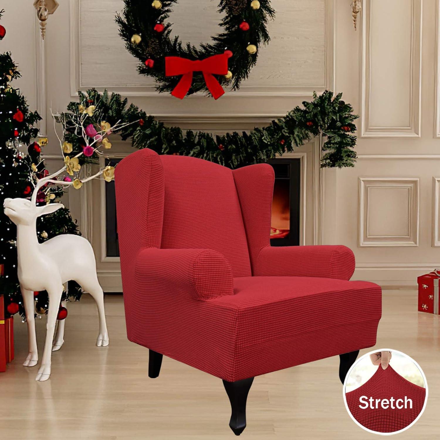 image:imageEasyGoing Stretch Wingback Chair Sofa Slipcover 1Piece Sofa Cover Furniture Protector Couch Soft with Elastic Bottom Spandex Jacquard Fabric Small ChecksWing ChairCamelChristmas Red