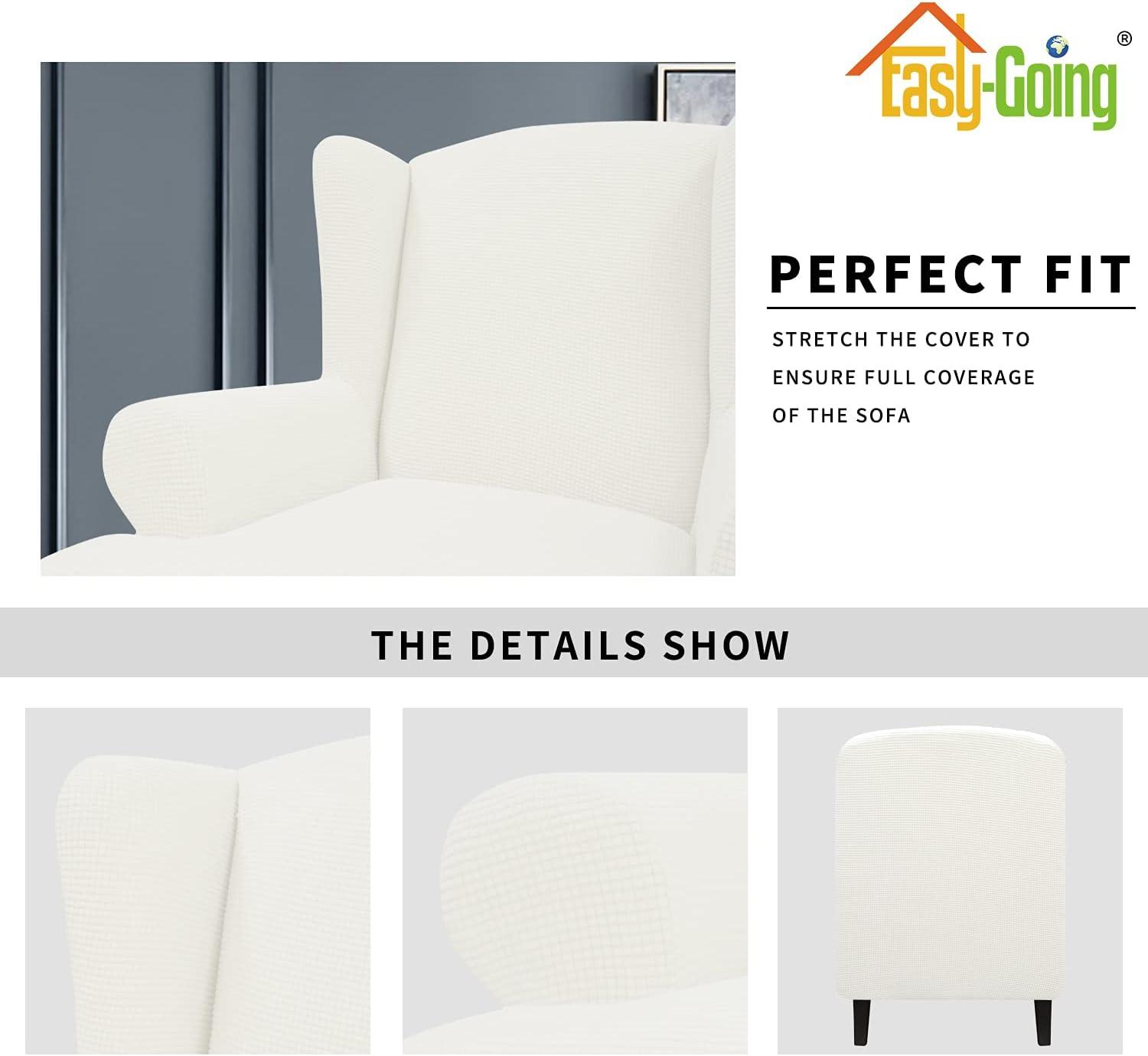 image:imageEasyGoing Stretch Wingback Chair Sofa Slipcover 1Piece Sofa Cover Furniture Protector Couch Soft with Elastic Bottom Spandex Jacquard Fabric Small ChecksWing ChairCamelCream