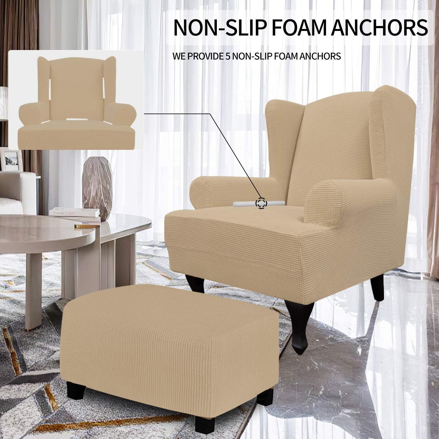 image:imageEasyGoing Stretch Wingback Chair Sofa Slipcover 1Piece Sofa Cover Furniture Protector Couch Soft with Elastic Bottom Spandex Jacquard Fabric Small ChecksWing ChairCamelSand